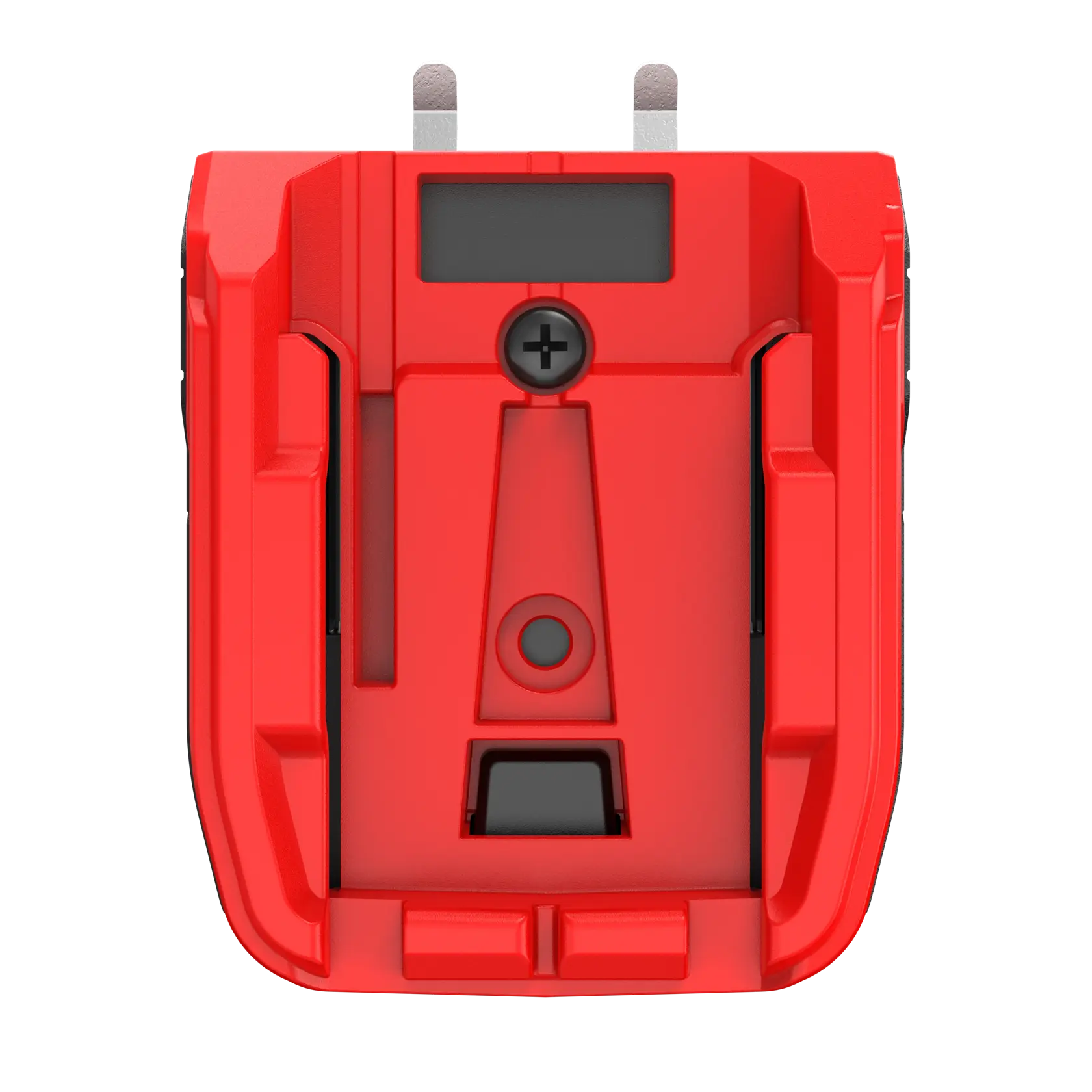 Close-up view of a red electronic device, likely a battery charger or adapter, with two metal prongs at the top and a black rectangular display area. The design includes various slots, a screw, and geometric details.