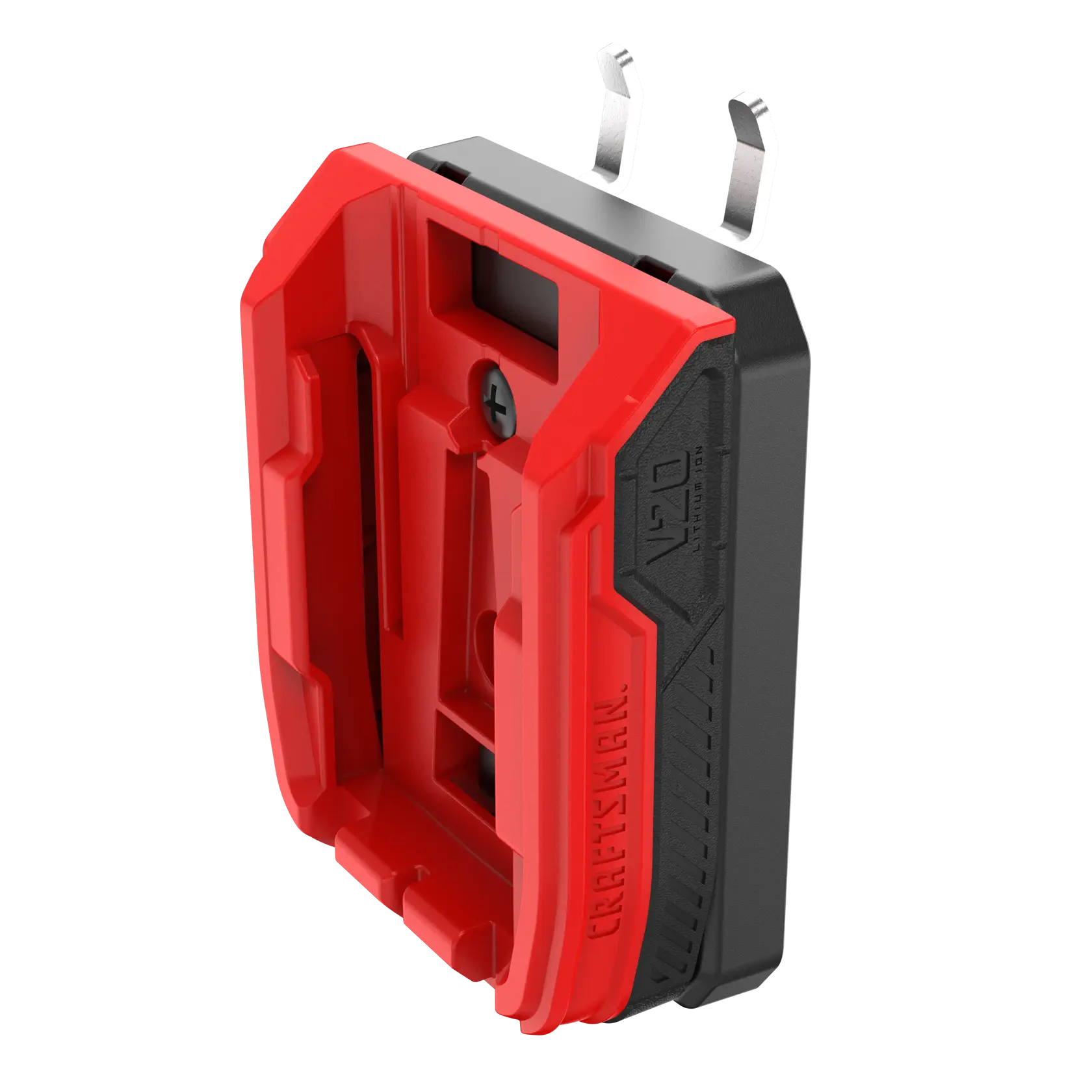A red and black Craftsman V20 lithium-ion battery charger with a compact rectangular design and two metal prongs for plugging into a wall outlet.