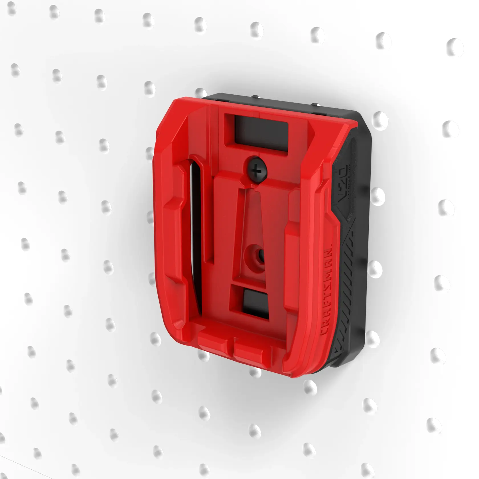 Photo of Craftsman V20 battery wall mount, red and black, SKU CMST82820, front angle, on white pegboard.