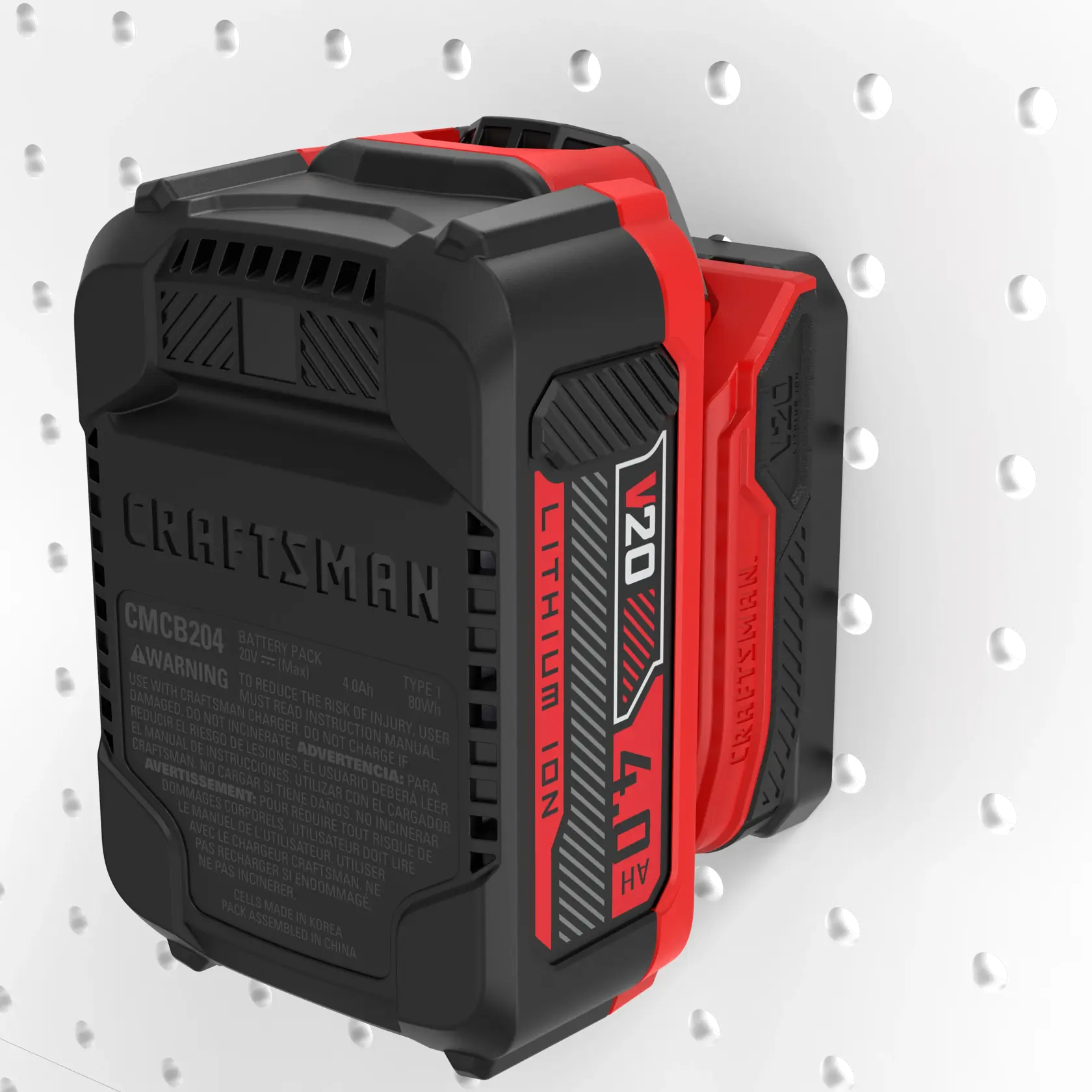Photo of Craftsman V20 lithium ion battery pack, SKU CMST82820, mounted on a white pegboard, angled view.