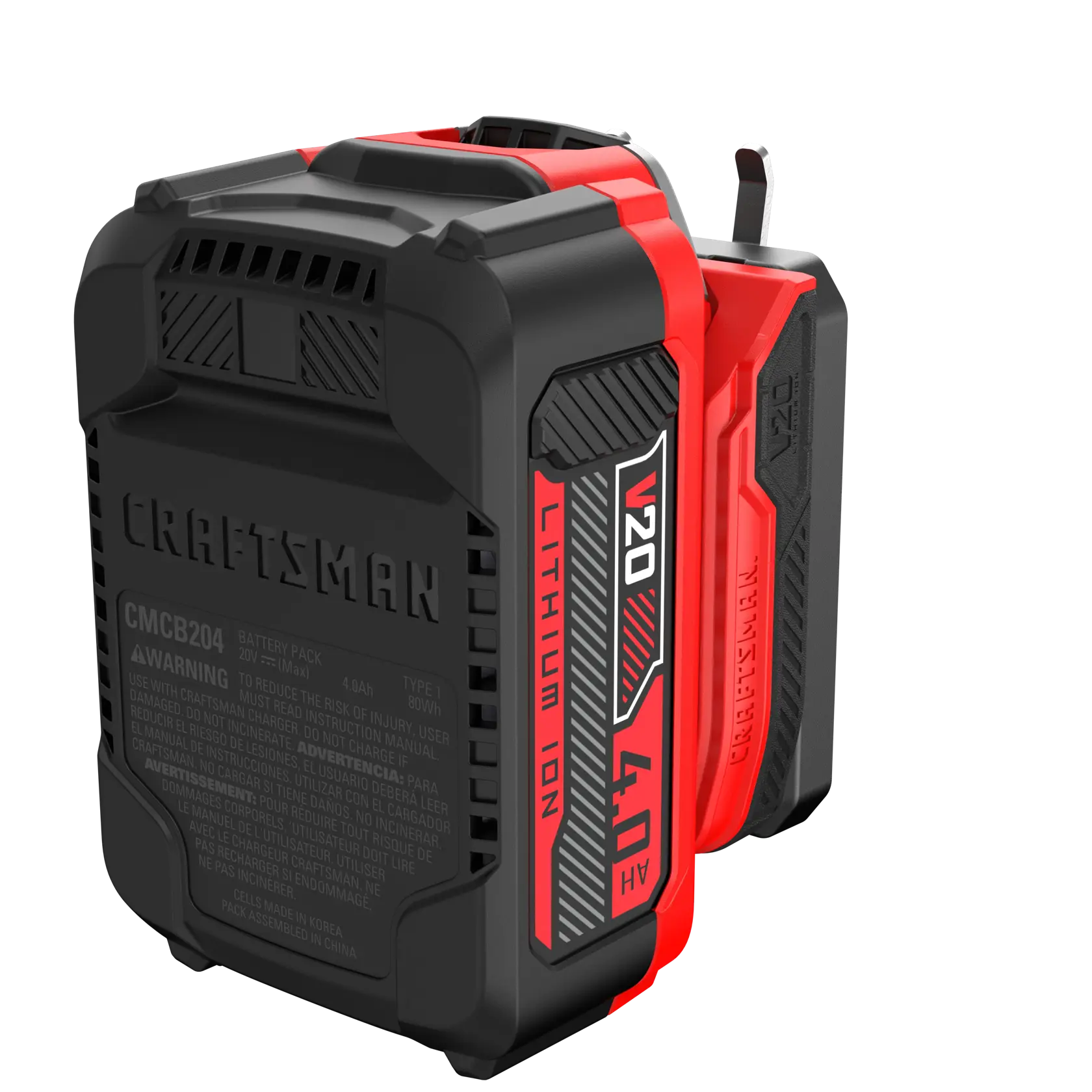 Photo of Craftsman V20 lithium-ion battery pack, SKU CMST82820, black and red, angled view on white background.