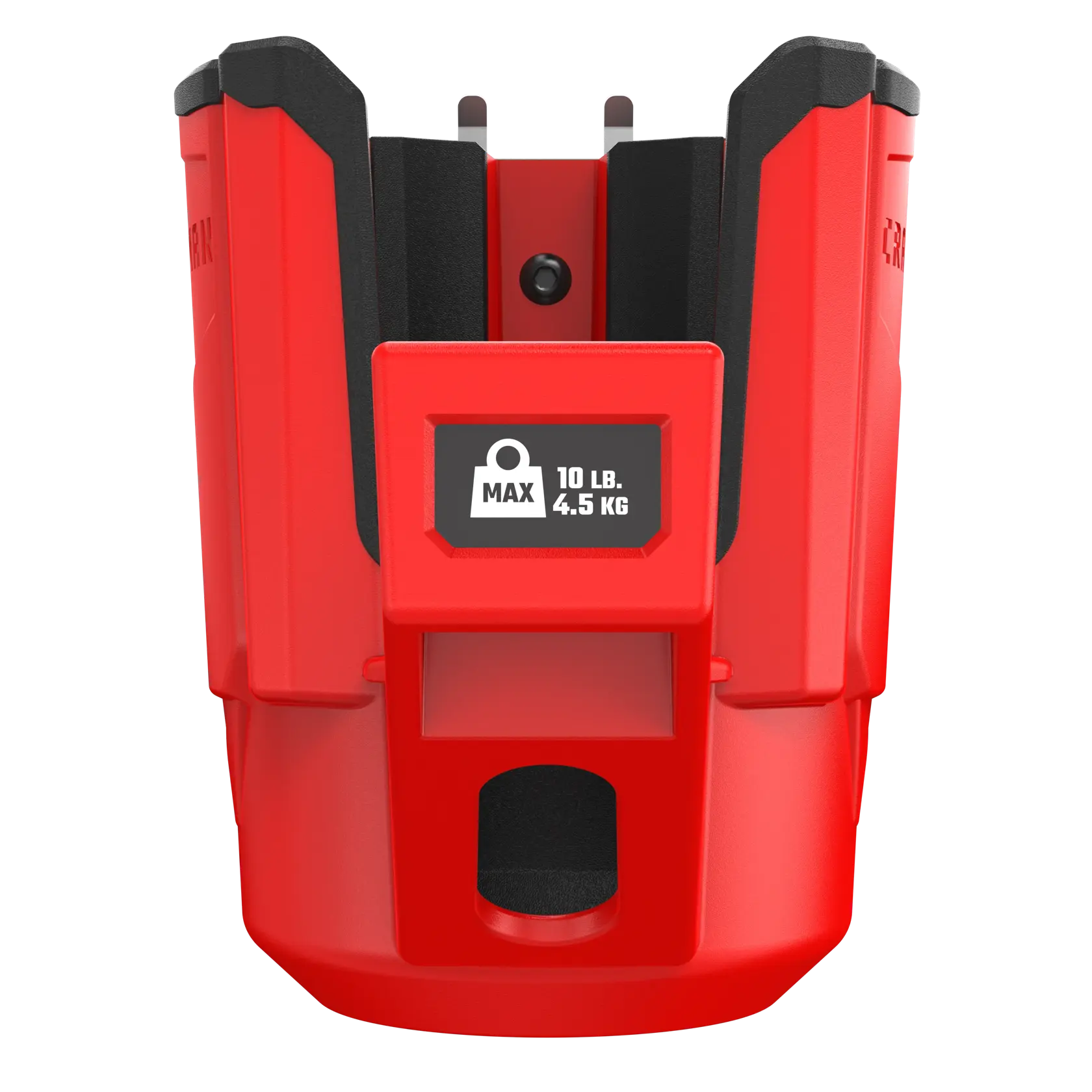 A red camera mounting bracket with black accents, displaying a weight limit label of 'MAX 10 LB. 4.5 KG' on the front. The bracket is designed to securely hold and mount camera equipment.