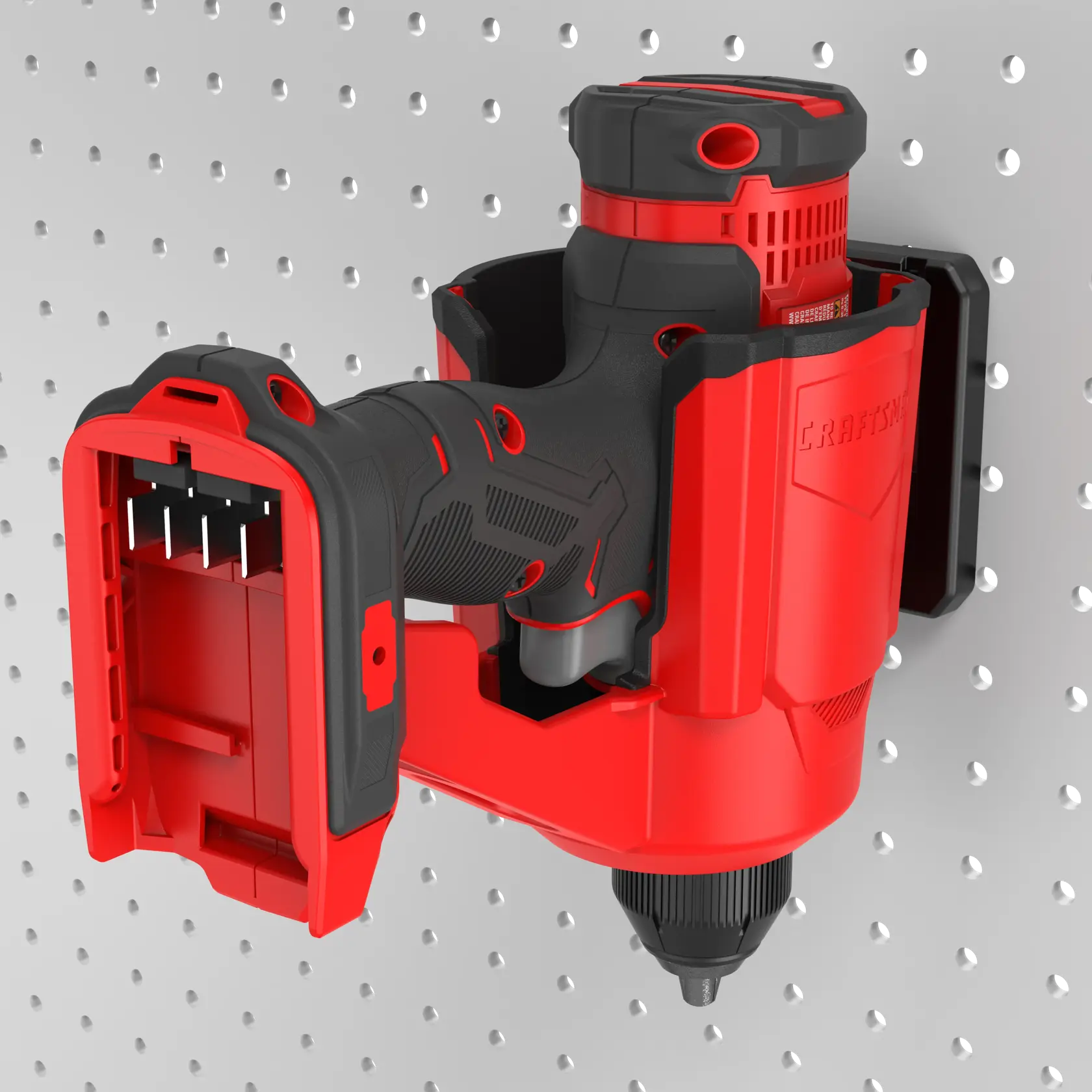 Photo of Craftsman drill holder CMST82823VT mounted on a pegboard, showing red and black plastic construction.