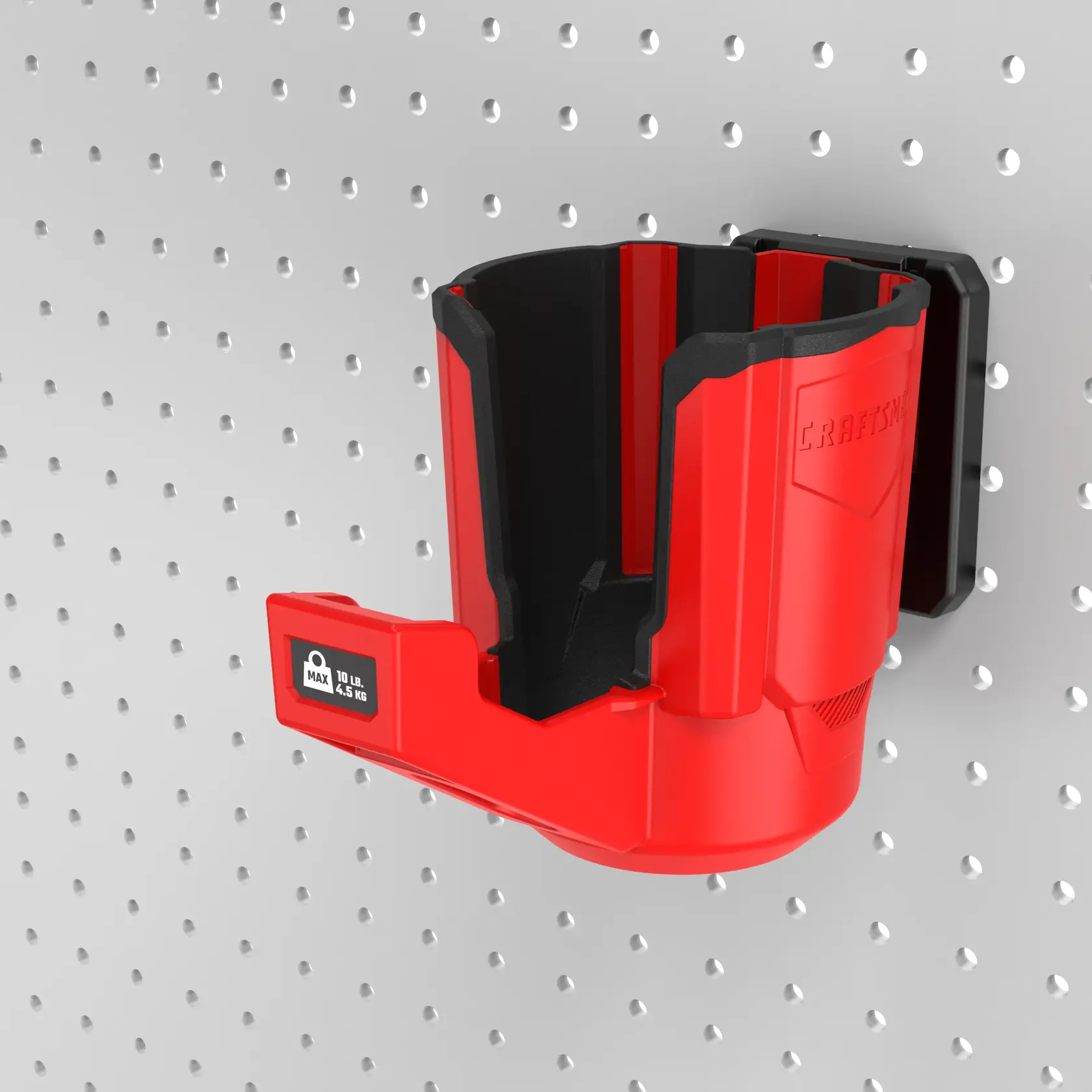 Photo of Craftsman red tool holder CMST82823VT mounted on a white pegboard, side angle view.
