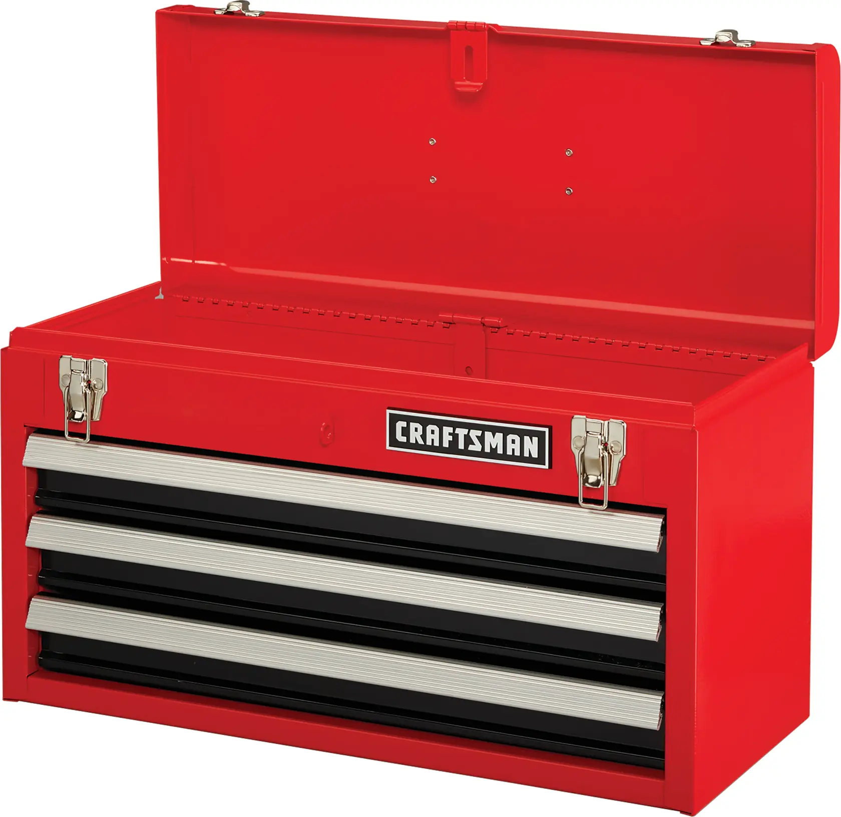 Portable 20.5 Inch ball bearing 3 drawer steel lockable tool box with lid open.