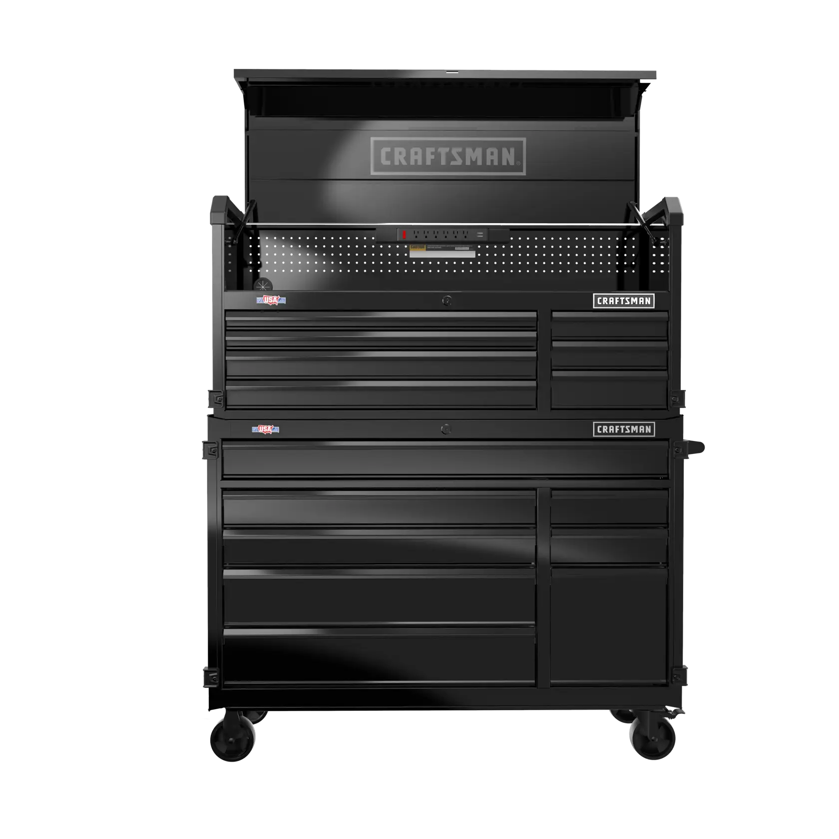 Craftsman black rolling tool chest with multiple drawers, open lid, front angle, CMST98262BK SKU.