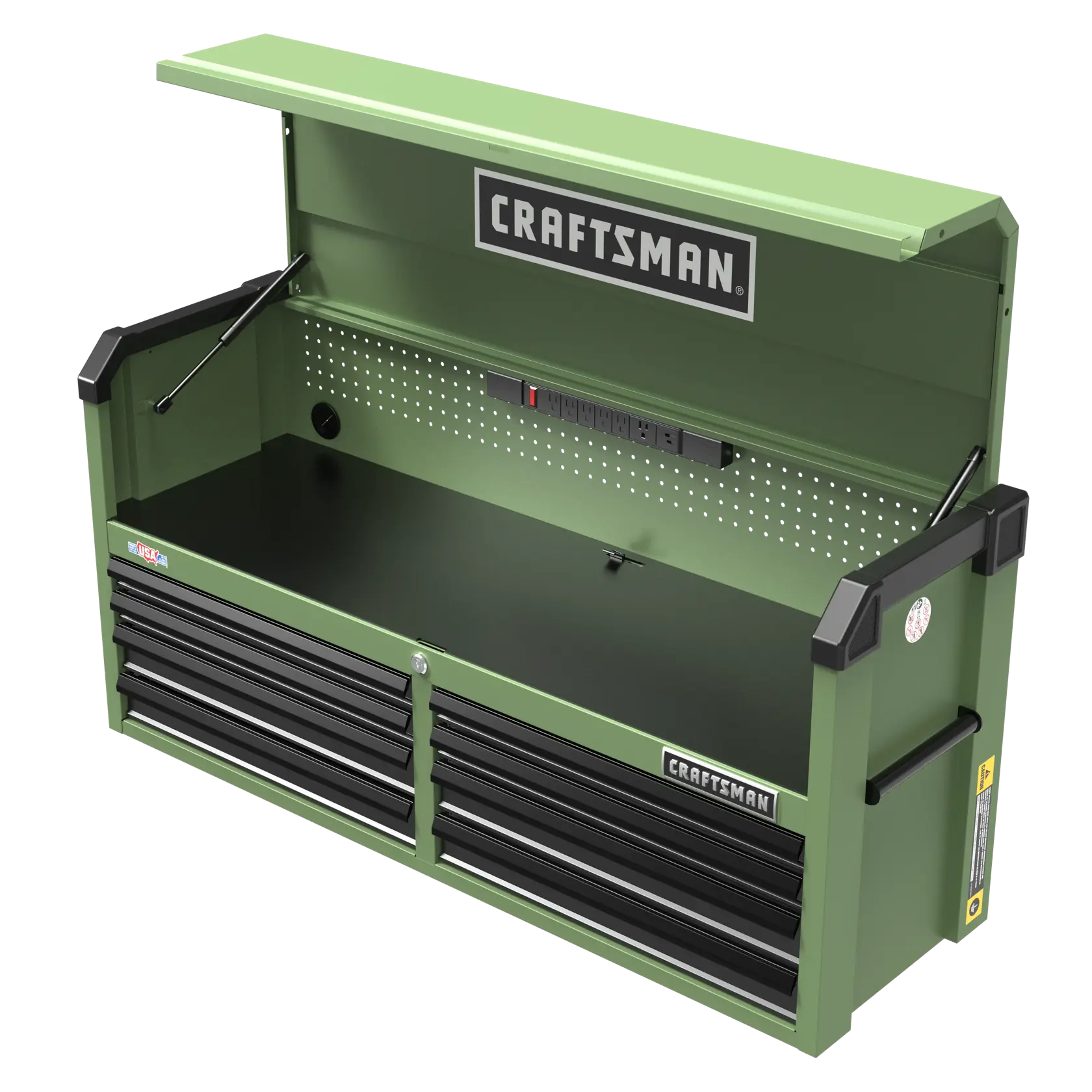 Green CRAFTSMAN tool chest with hinged top lid open, multiple black drawers below, a pegboard back, and a built-in power