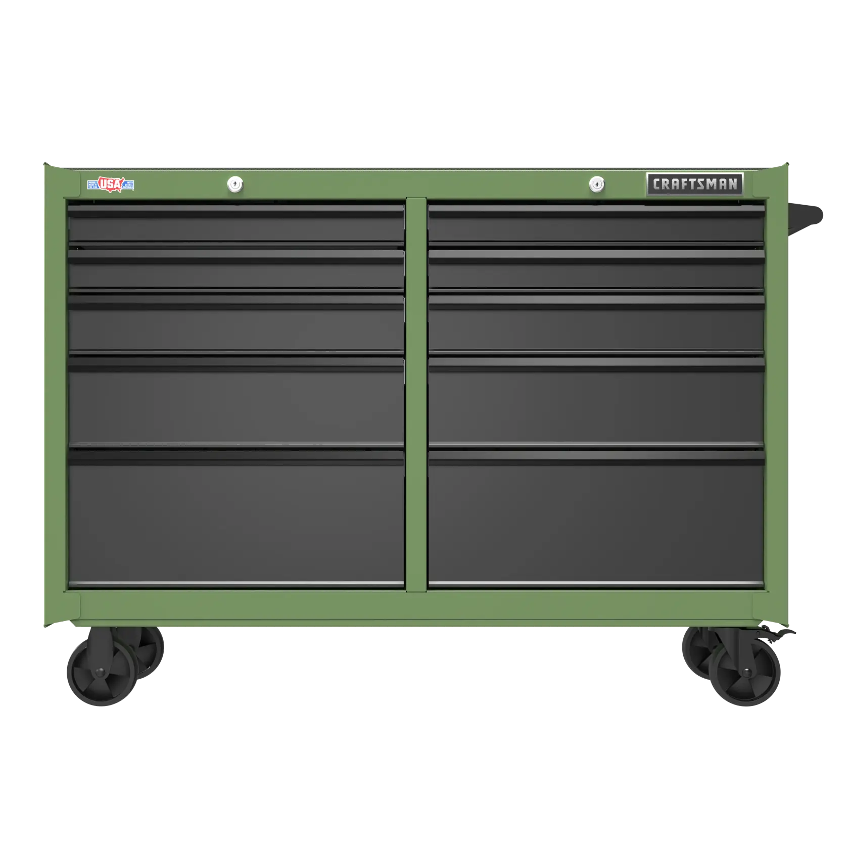 A green and black mobile tool chest with multiple drawers and four wheels, branded CRAFTSMAN, viewed from the front.