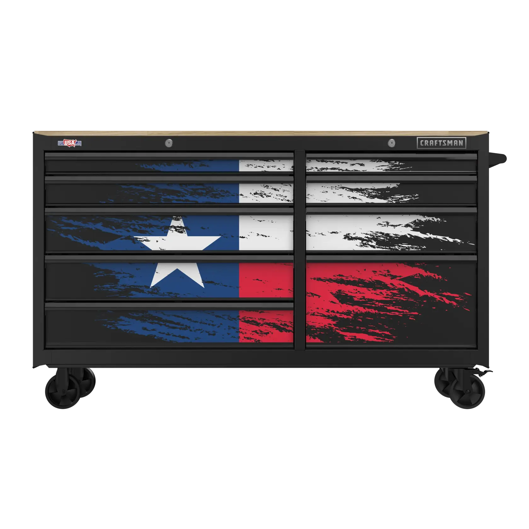 A CRAFTSMAN rolling tool chest decorated with a distressed Texas flag design on the drawer fronts. The cabinet is black with