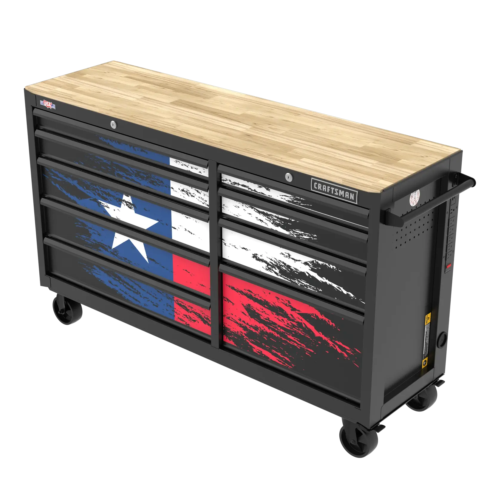 A black CRAFTSMAN rolling tool chest with multiple drawers, a wooden top, and graphic design featuring the Texas flag in a