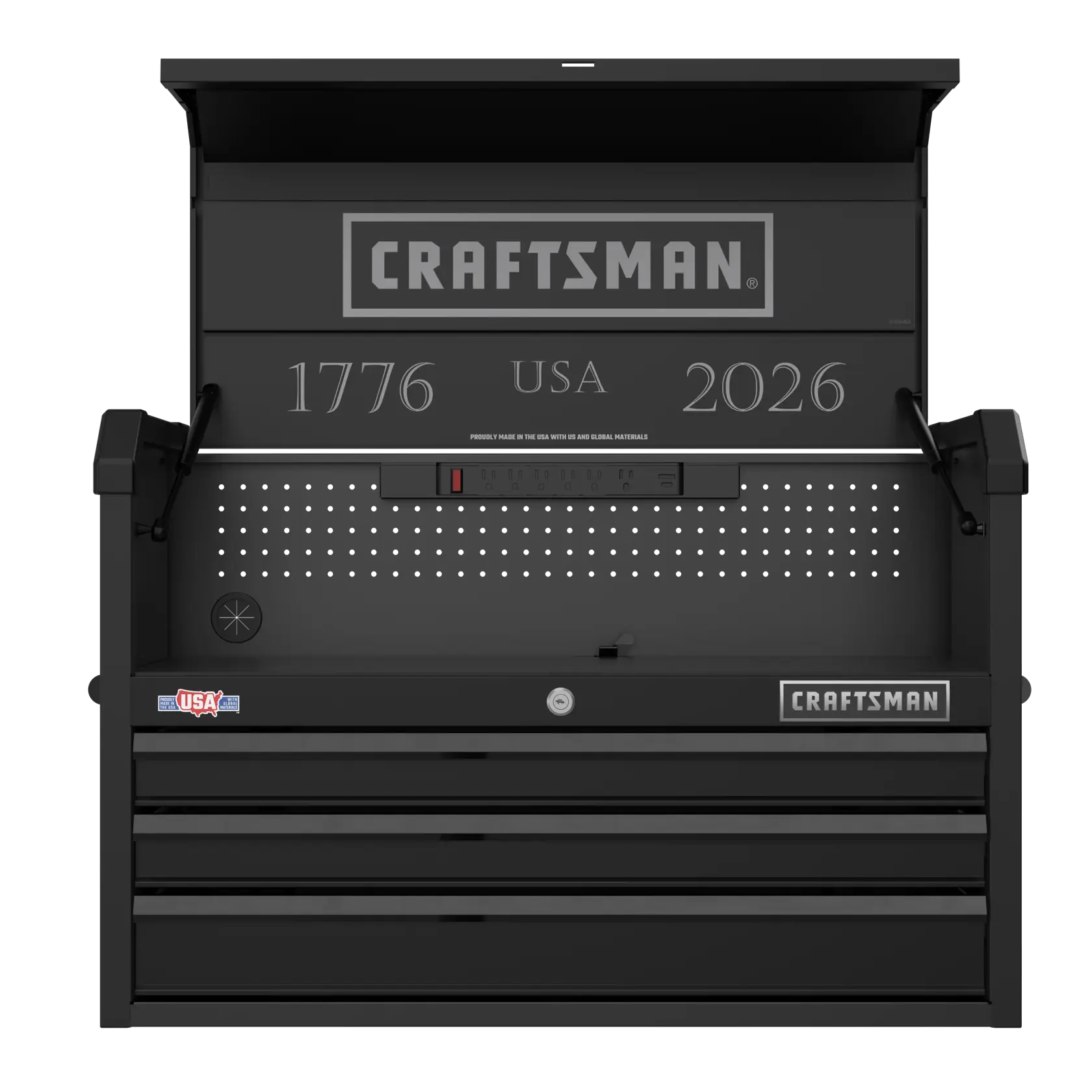 A black Craftsman-branded tool chest with an open top lid and three drawers. The interior back panel features pegboard holes, an integrated power strip, and silver text that reads '1776 USA 2026'. The product also has USA and Craftsman logos on the front.