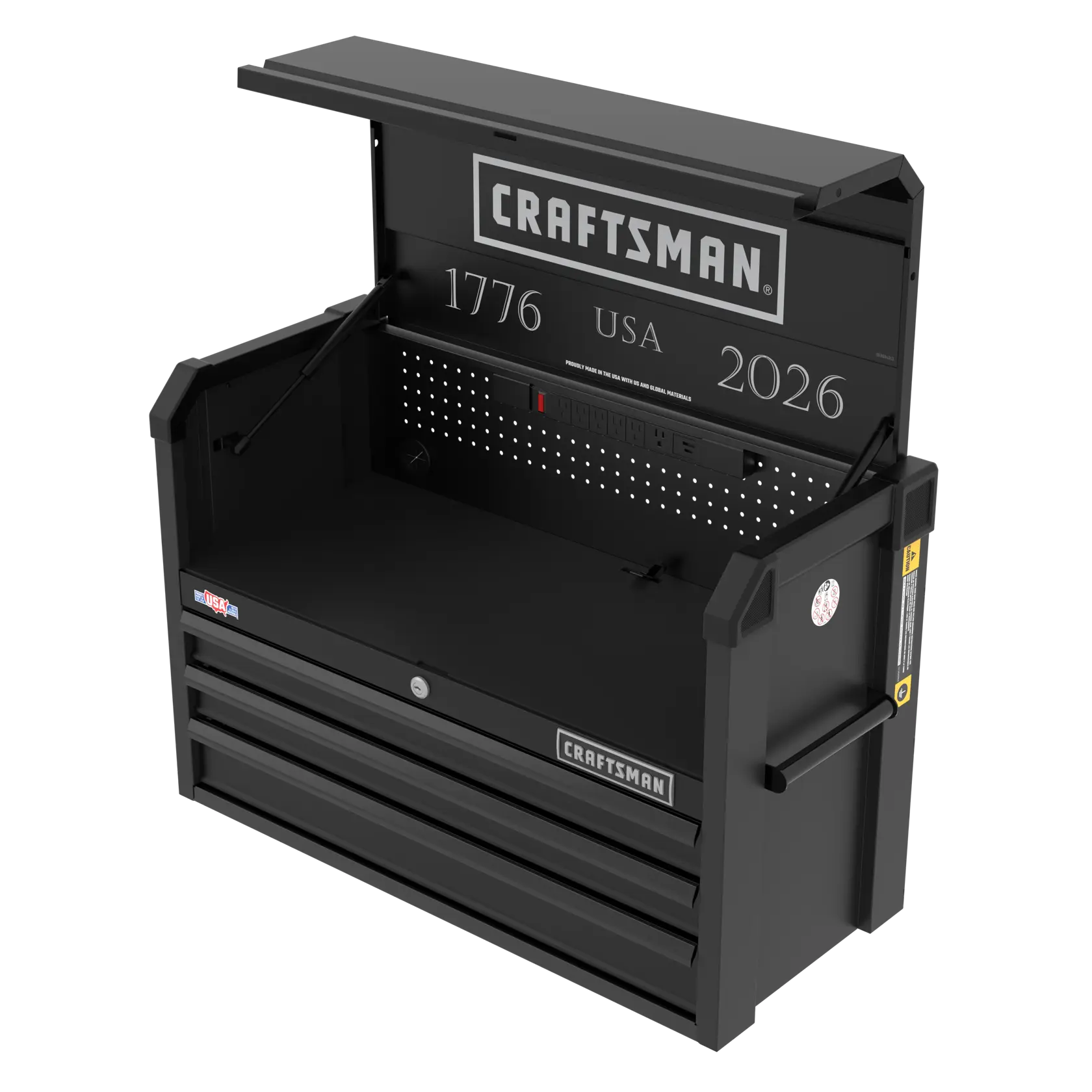 A black Craftsman tool chest with the top lid open, showing a work surface, pegboard back, power outlets, and three drawers below. The chest has the words 'CRAFTSMAN', '1776', 'USA', and '2026' printed on the back panel.