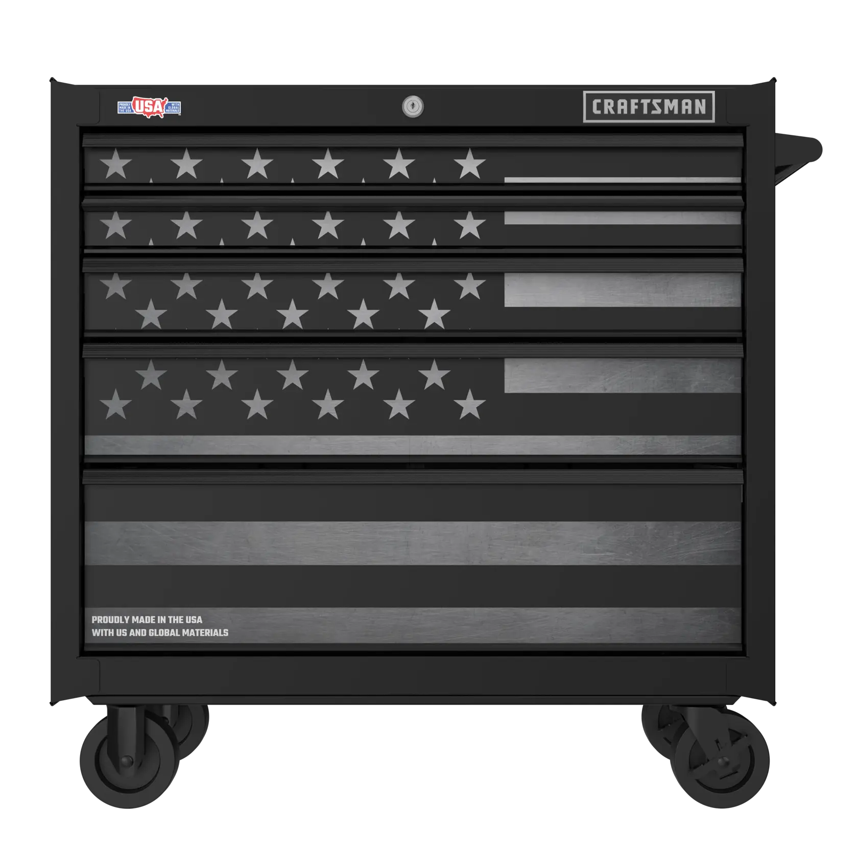 A black rolling tool chest with multiple drawers, featuring a grayscale American flag design across the front. The chest is labeled with 'CRAFTSMAN' branding and has wheels for mobility.