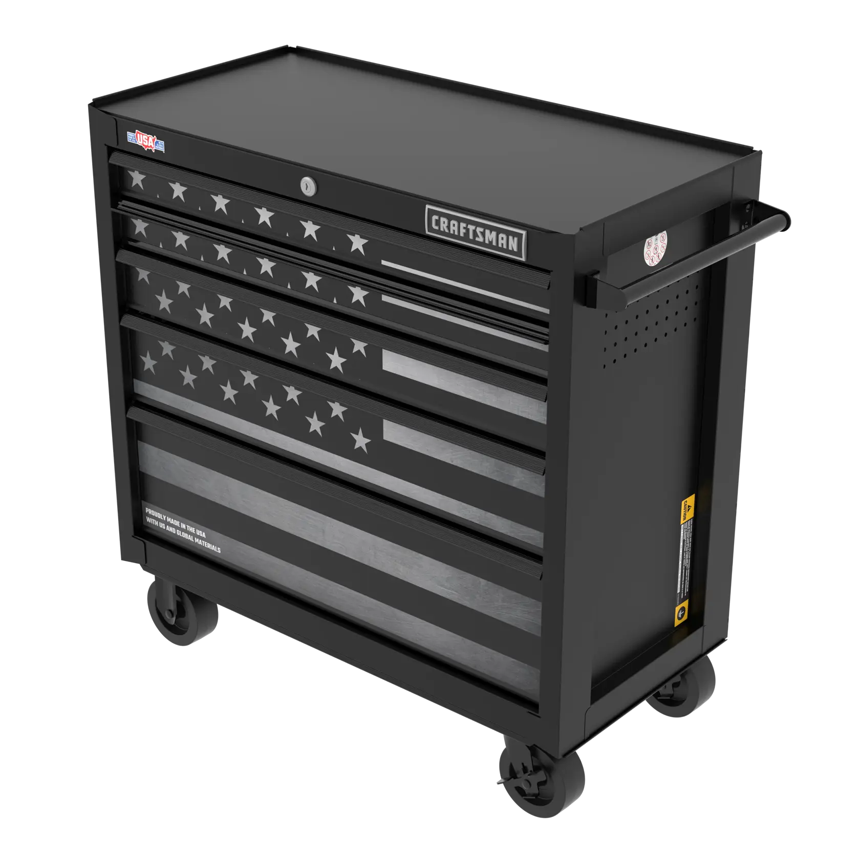 A black rolling tool chest with five drawers, featuring an American flag design in grayscale on the front. The brand name 'Craftsman' is visible on the top drawer. The chest has casters for mobility and a side handle.