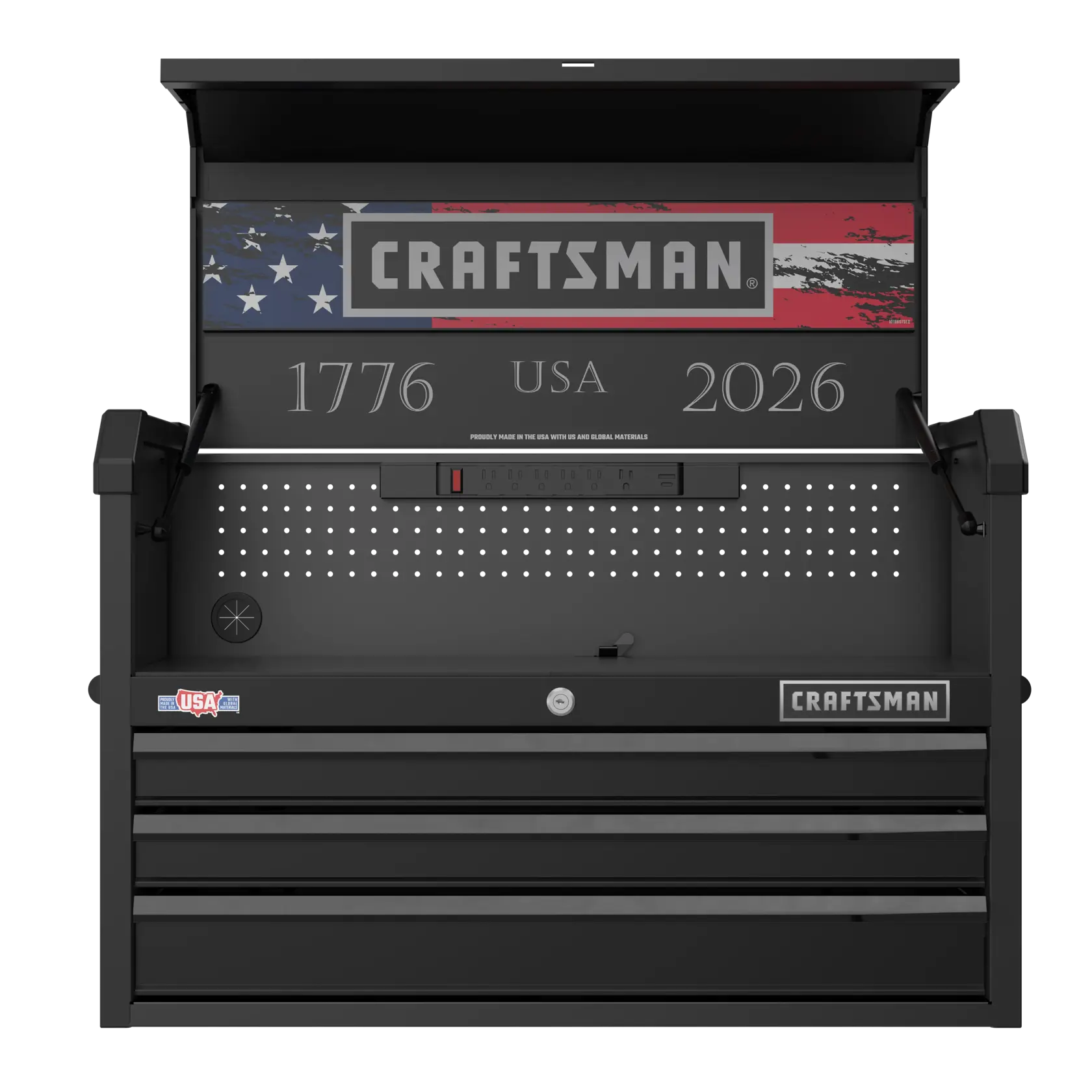Front view of a black Craftsman tool chest with its lid open, featuring an American flag design and the years 1776 and 2026 printed above the drawers. The chest includes multiple drawers, pegboard backing, and power outlets. Craftsman logos are visible on both the top interior and bottom drawer.