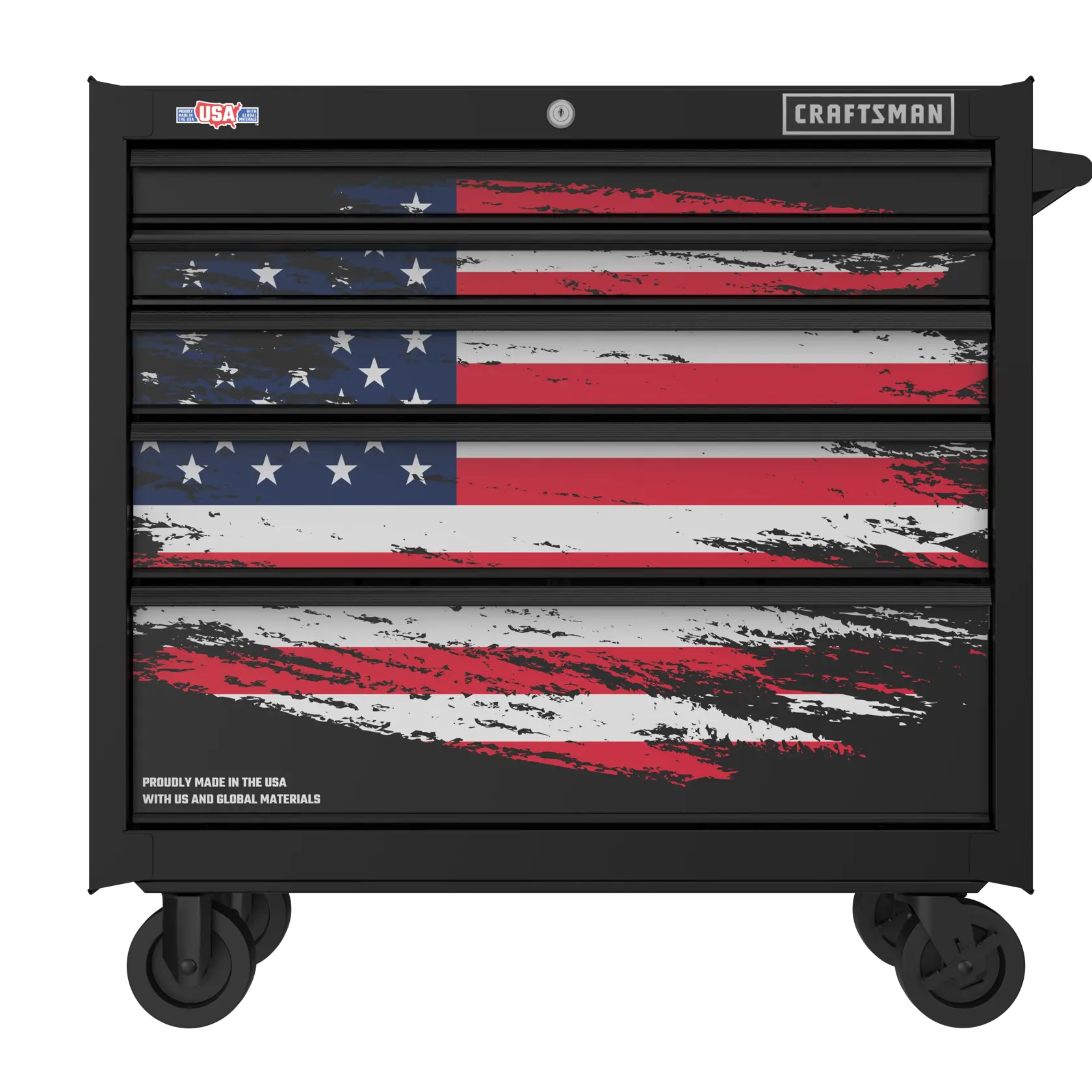 Rolling tool chest with four drawers, decorated with a distressed American flag design on the front. It features brand logos and text indicating it is made in the USA with US and global materials.