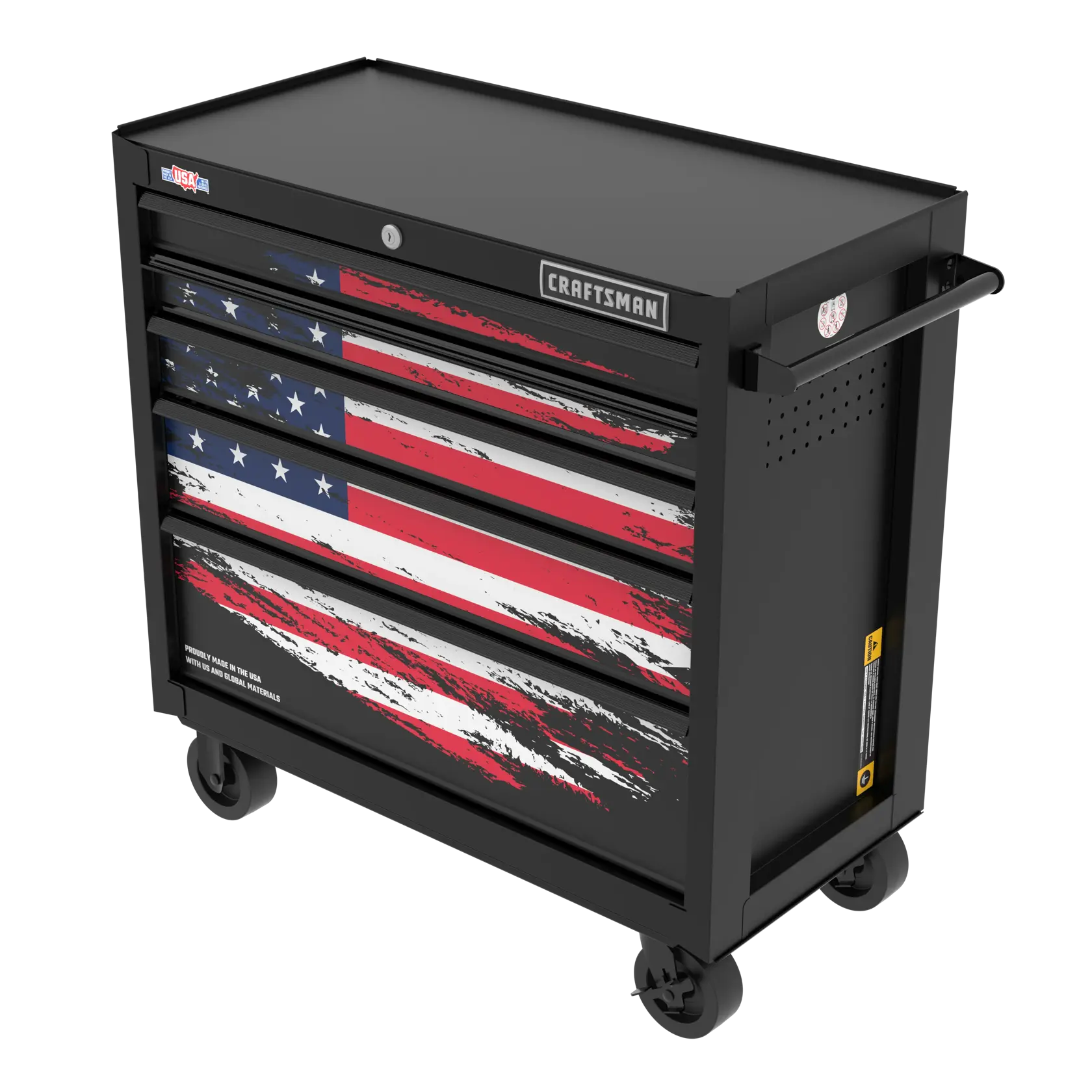 A black rolling tool chest with four drawers, featuring an American flag design with a distressed paint effect on the drawer fronts. The chest has caster wheels and a side handle, with the brand name 'Craftsman' displayed above the drawers.