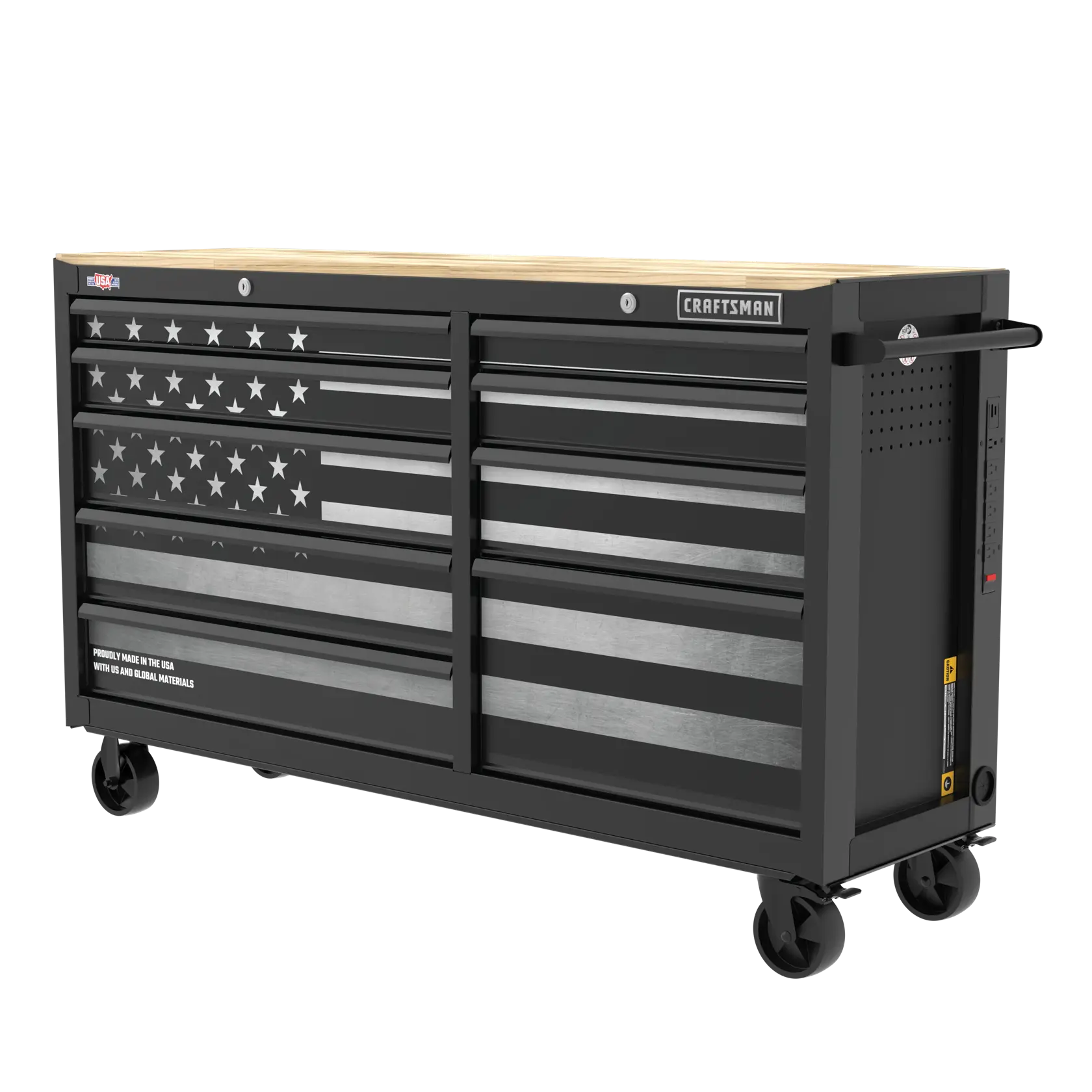 Large black rolling tool chest with multiple drawers, featuring an American flag design on the front and a light wood top. The chest is labeled with the brand name 'Craftsman' and has casters for mobility.