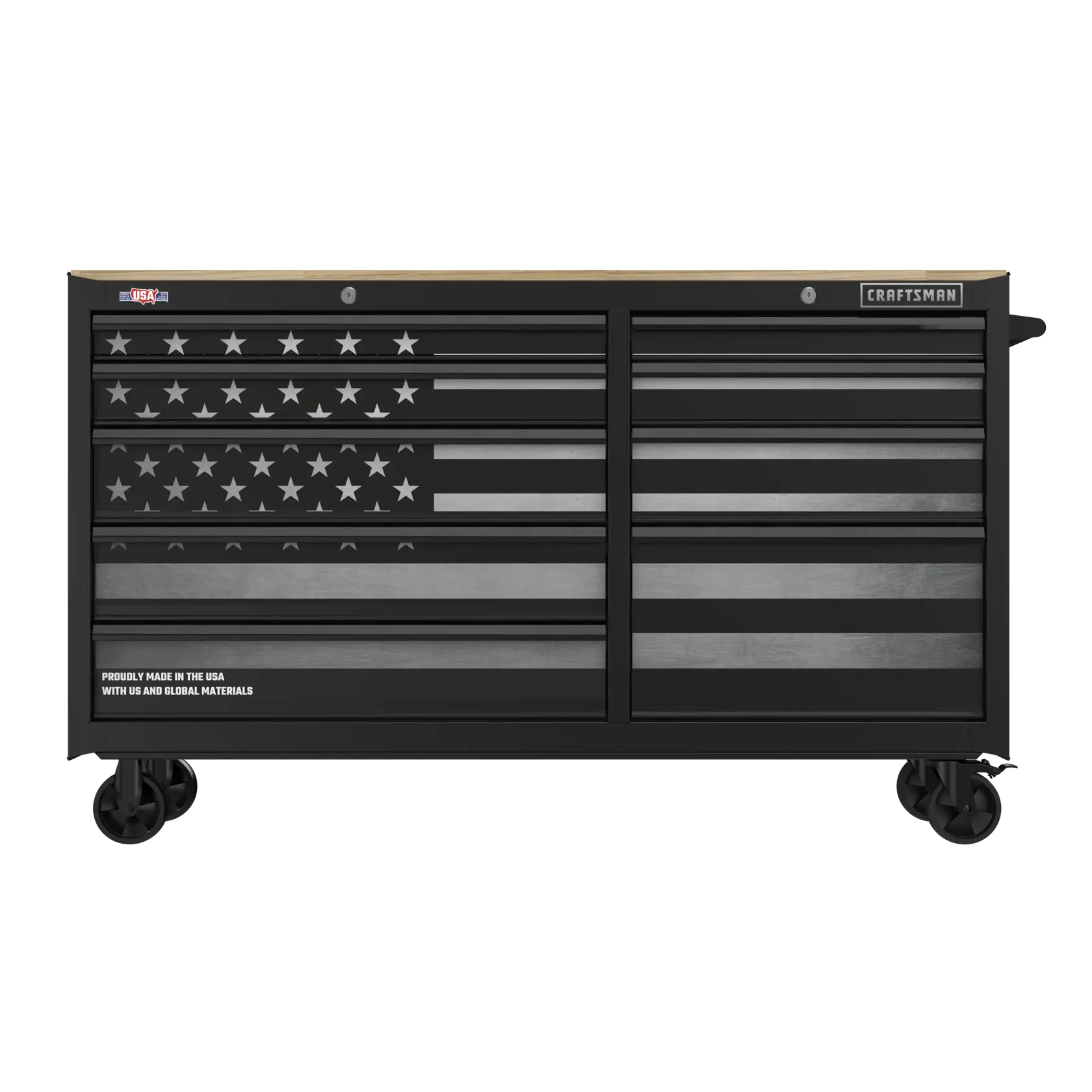 A large black rolling tool chest with multiple drawers, featuring an American flag design across the front. The brand name 'Craftsman' is visible on the upper right side, and there are labels indicating it is made in the USA with US and global materials.