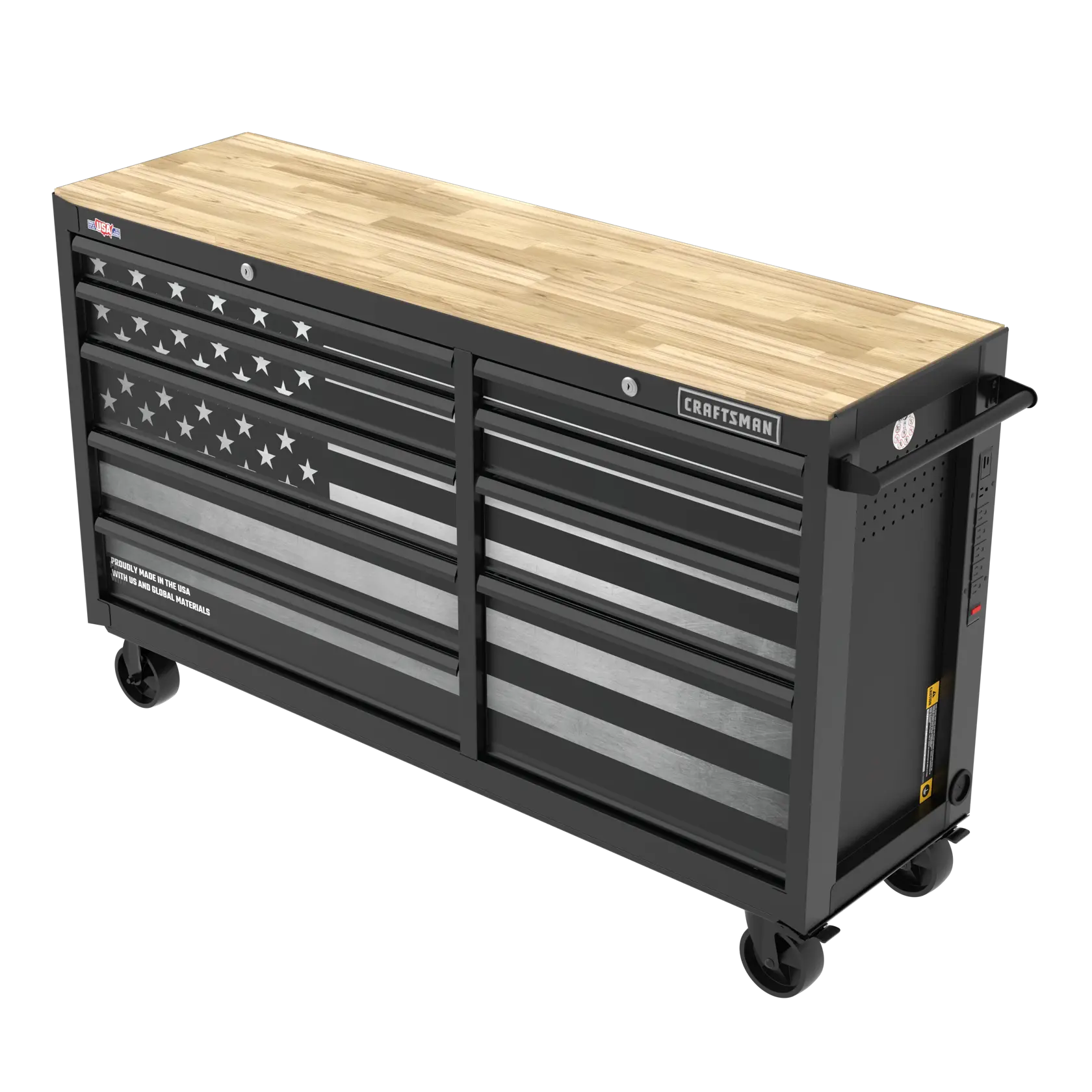A large black metal rolling tool chest with multiple drawers, a wooden top surface, and caster wheels. The front features a stylized graphic of the American flag, and the brand name 'Craftsman' is displayed on the top right drawer.