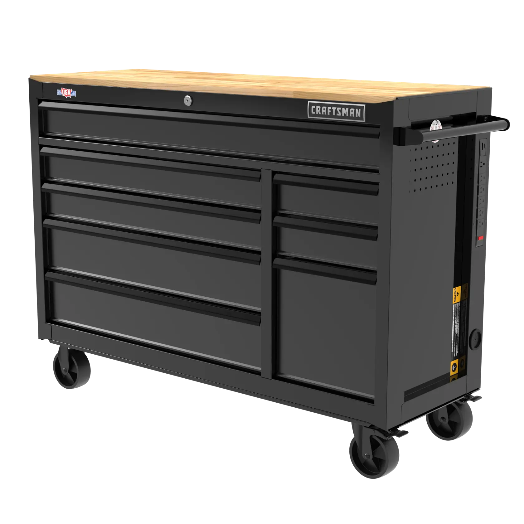 A black Craftsman rolling tool chest with multiple drawers and a wooden top. The chest features four wheels for mobility and a side handle for easy maneuvering. It has a lockable drawer and a power strip mounted on the side.