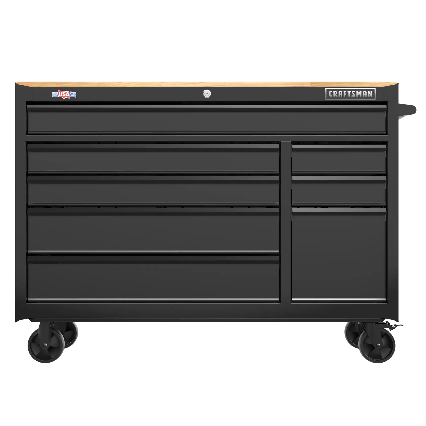 Black Craftsman rolling tool chest with multiple drawers and a wood top, designed for organized storage and mobility in