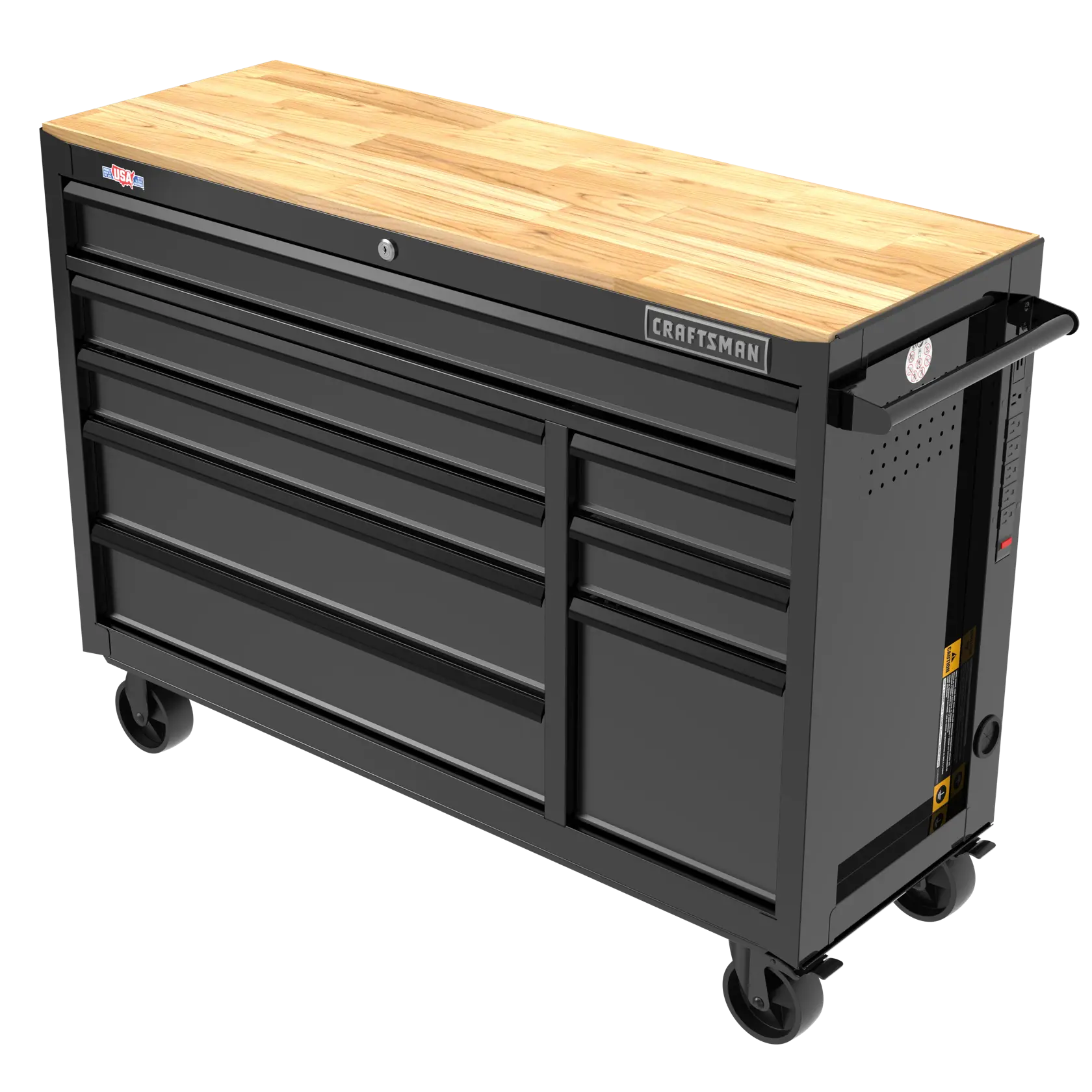 A black CRAFTSMAN rolling tool cabinet with multiple drawers and a light wood top surface. The cabinet has handles and four wheels for mobility.