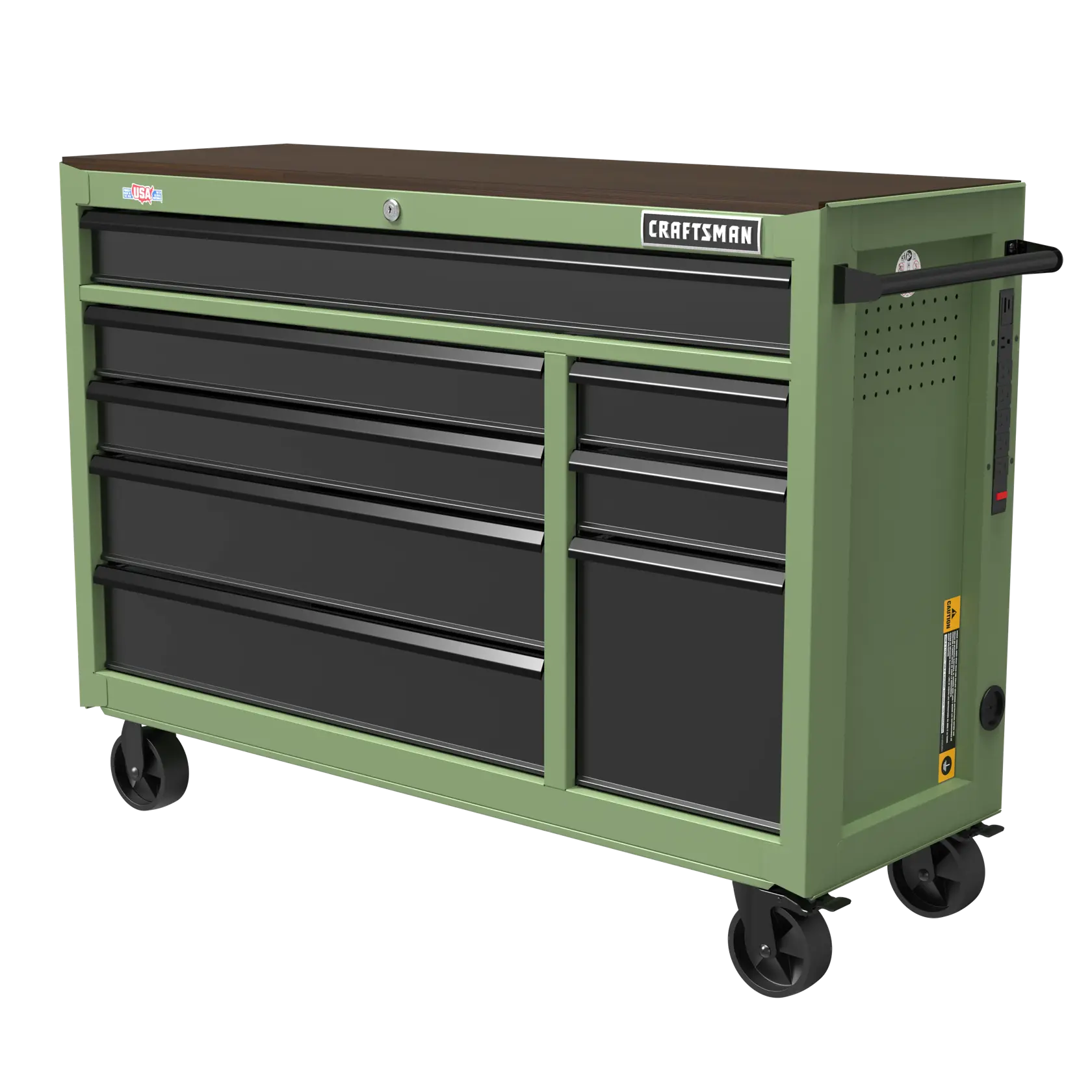 A green CRAFTSMAN rolling tool chest with multiple black drawers and a wooden top, featuring side handles and wheels for