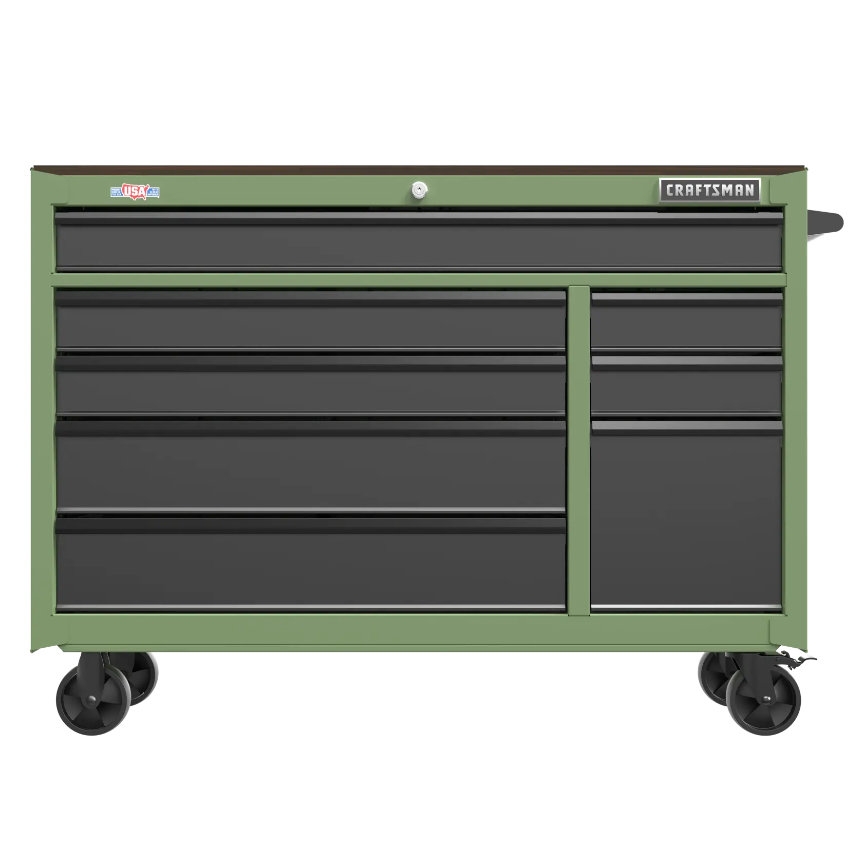 A green and black rolling tool chest with multiple drawers, branded CRAFTSMAN, featuring wheels for mobility and a lock on top.