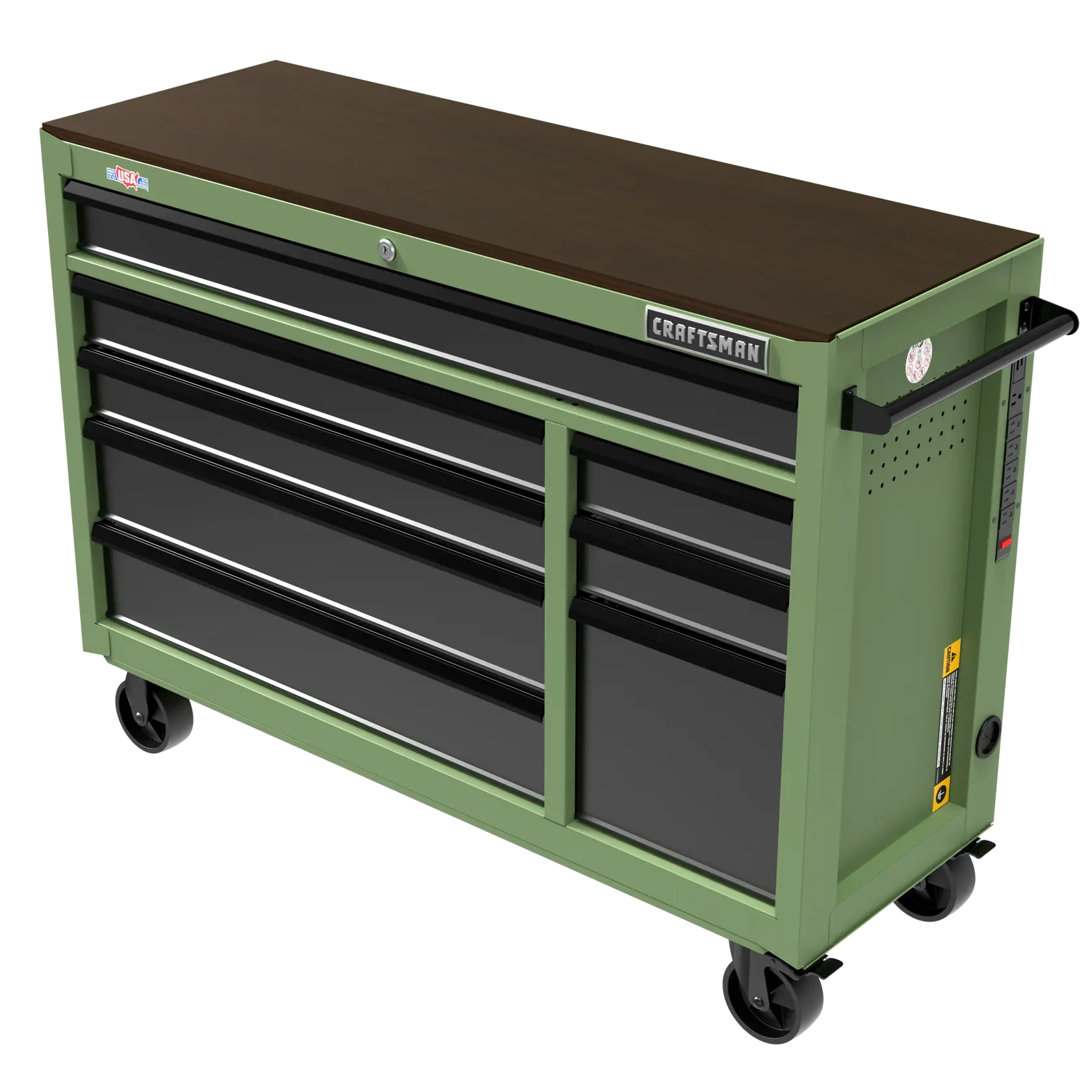 Green CRAFTSMAN rolling tool chest with multiple black drawers, a wooden top, and wheels for mobility.