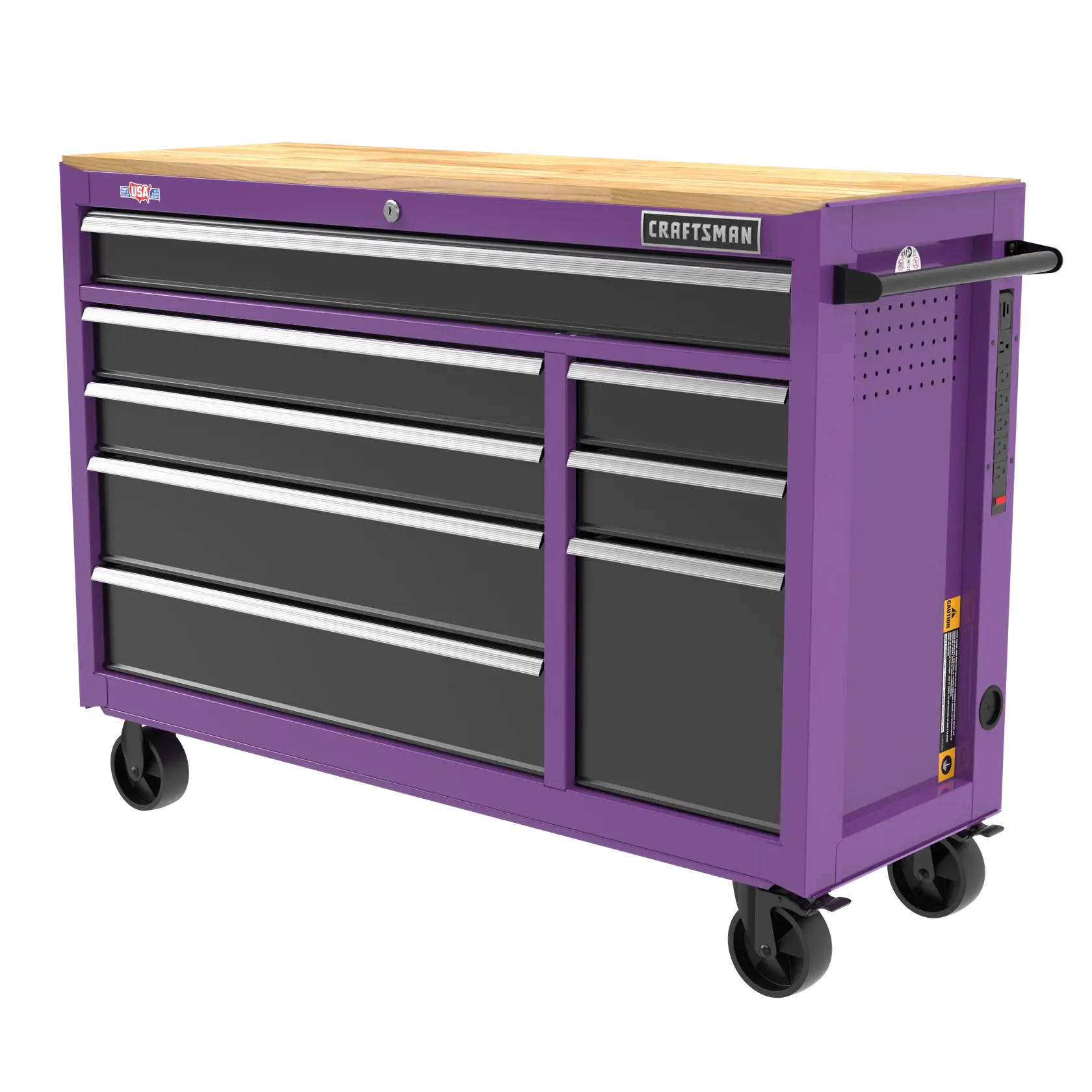 A purple CRAFTSMAN rolling tool chest with multiple black drawers and a wooden top, designed for storage and organization of