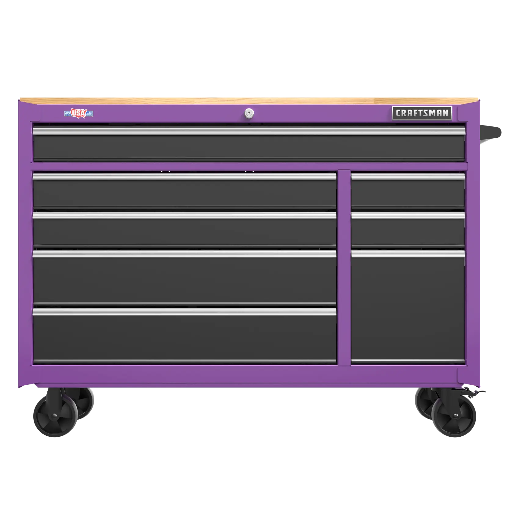 A large, purple Craftsman rolling tool chest with multiple black drawers, a wooden top, and four caster wheels.