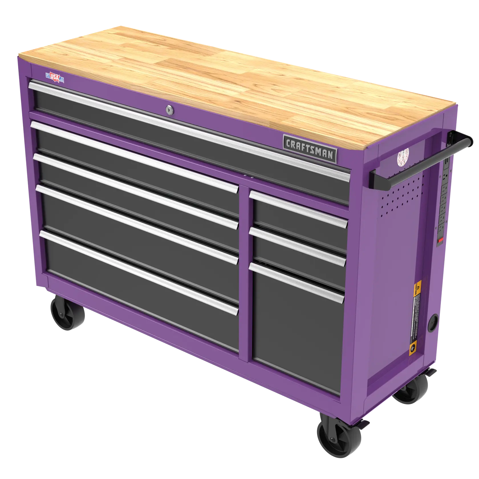 A CRAFTSMAN rolling tool chest with a purple frame and black drawers, featuring a wooden top surface, multiple storage drawers, and caster wheels for mobility.