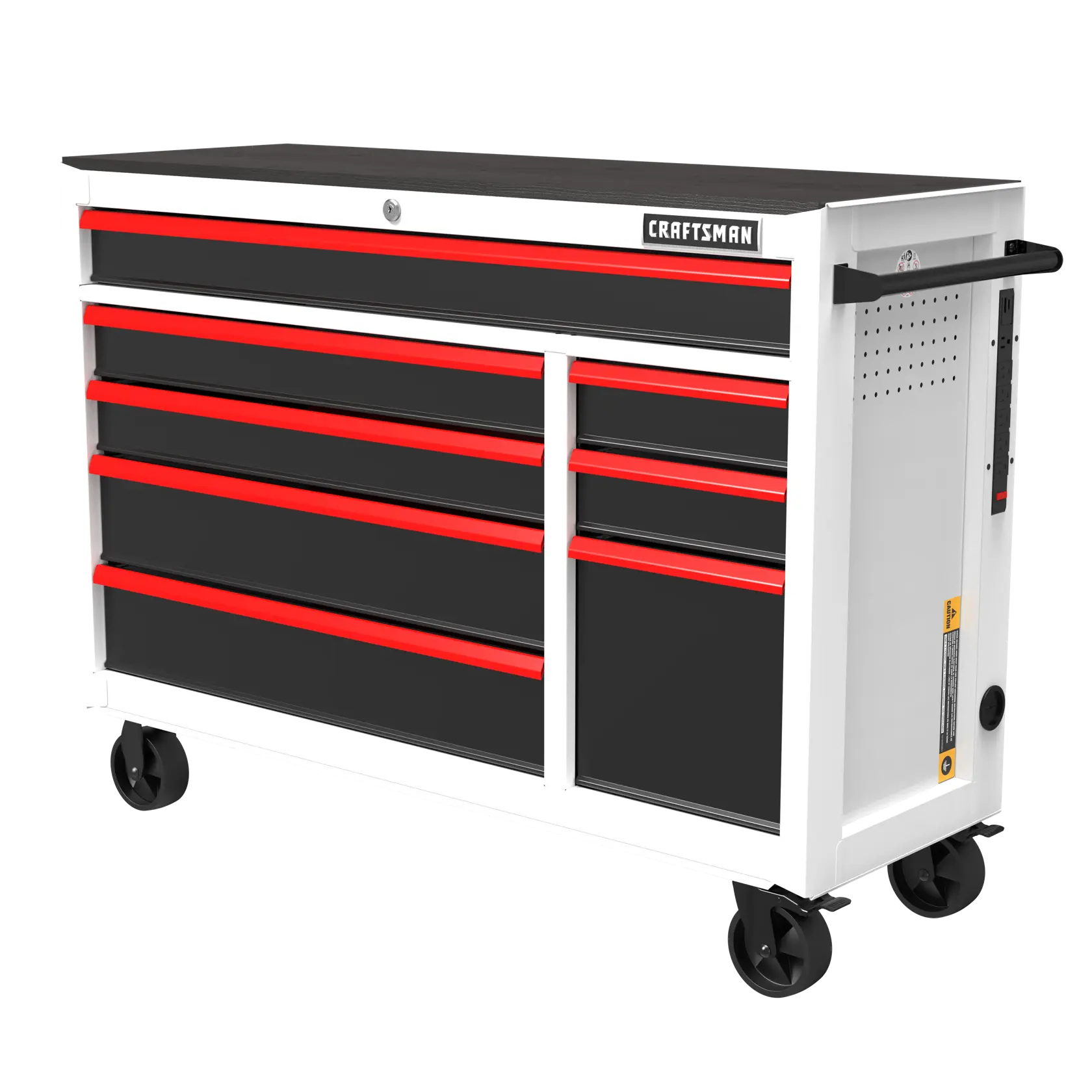 A CRAFTSMAN rolling tool chest with multiple black drawers and red handles, white frame, and a black top. The chest is equipped with four caster wheels and a side handle for mobility.