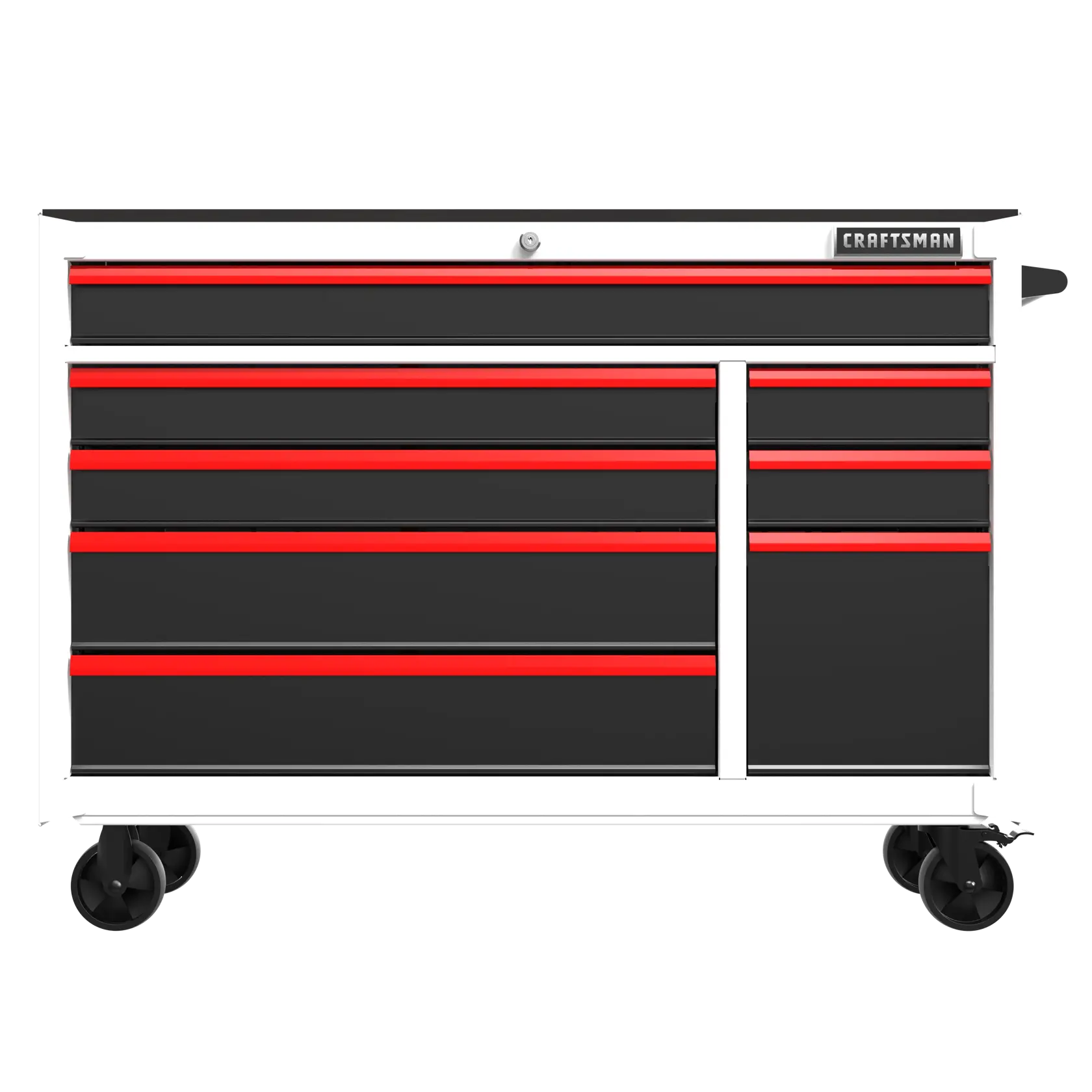 A large black and red rolling tool chest with multiple drawers and caster wheels, branded CRAFTSMAN.