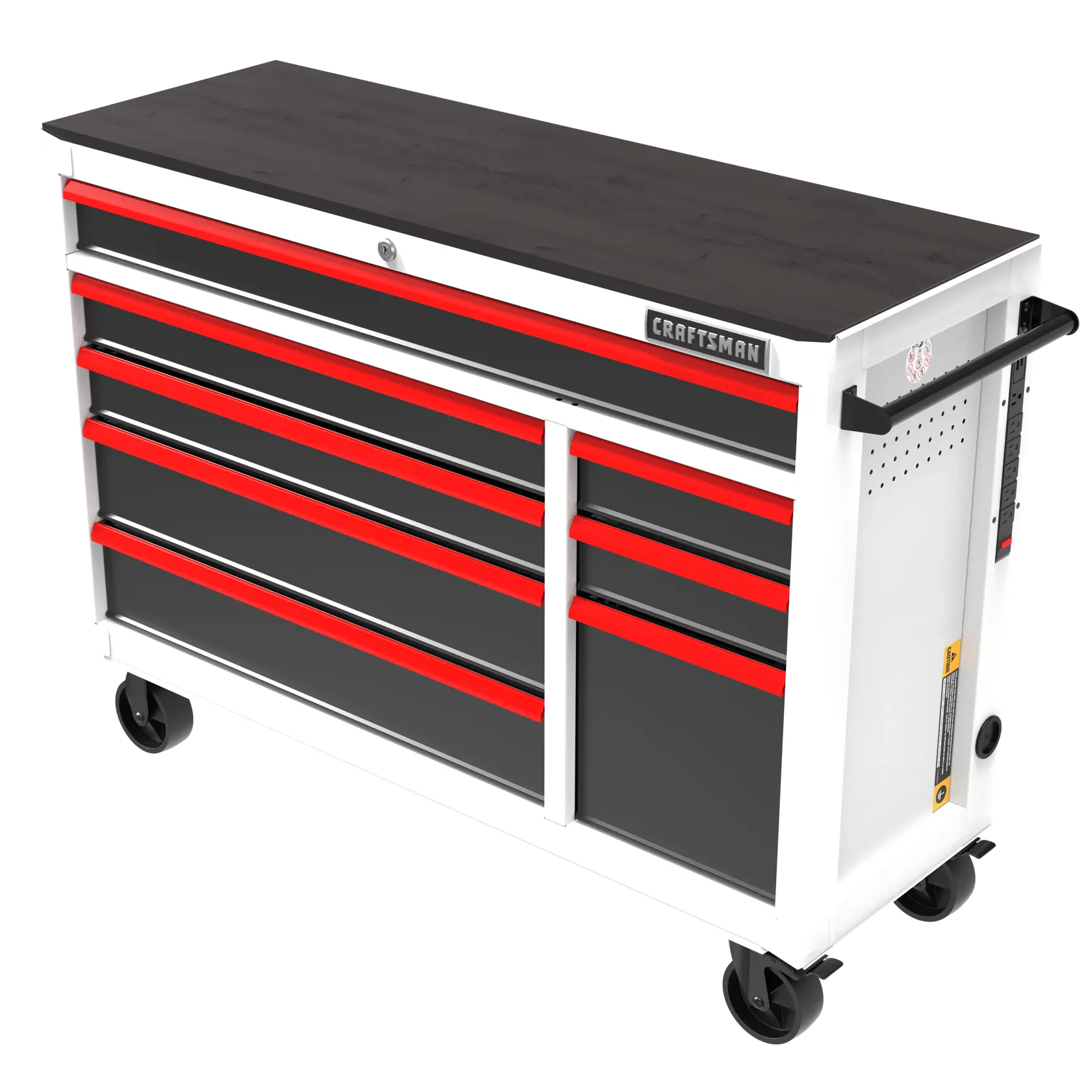 A CRAFTSMAN rolling tool chest with multiple drawers, black and red in color, featuring a metal body, a dark wood top, a handle on the side, and four wheels for mobility.