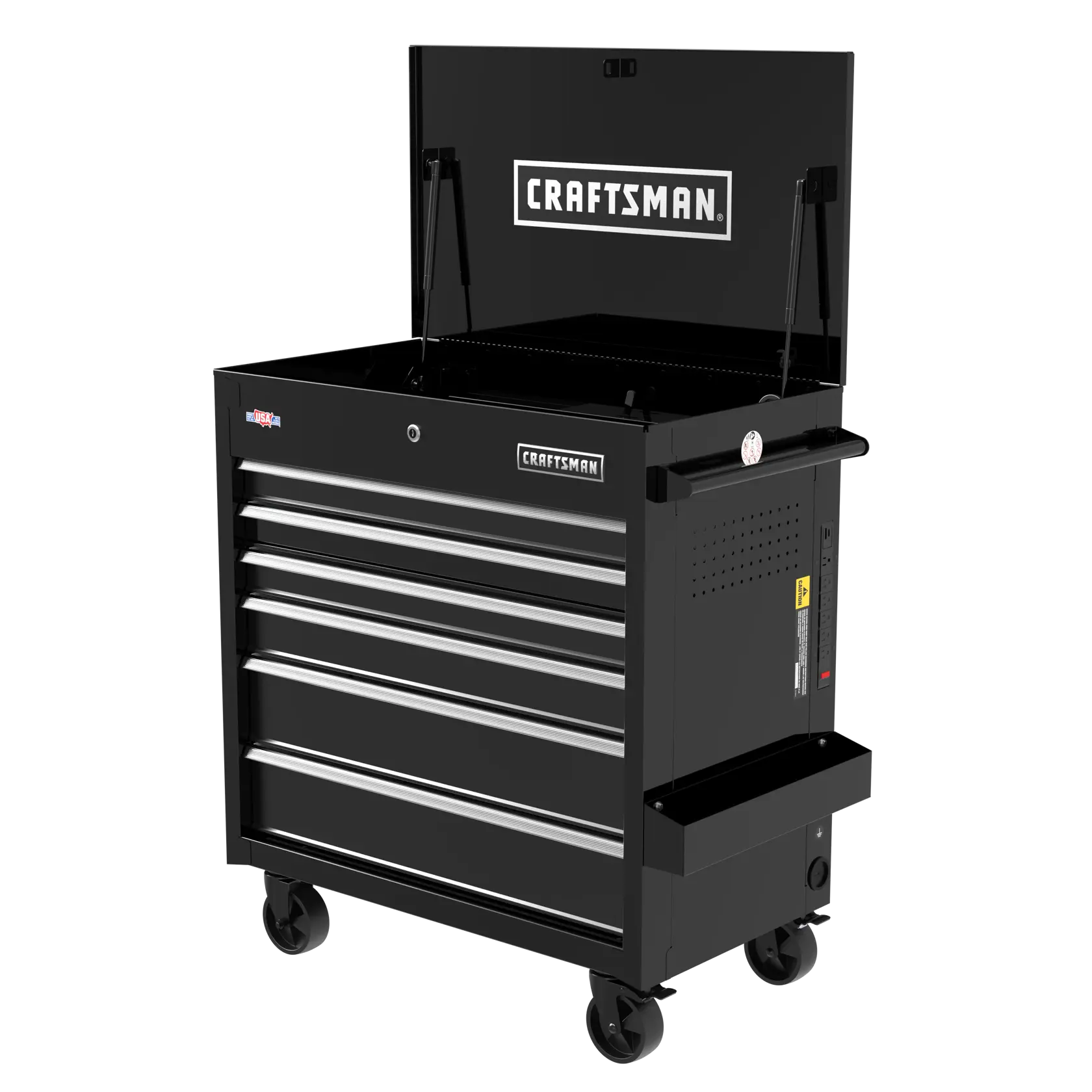 Craftsman black tool chest CMSTUC06BK with six drawers, open top lid, side tray, and wheels, front angle photo.