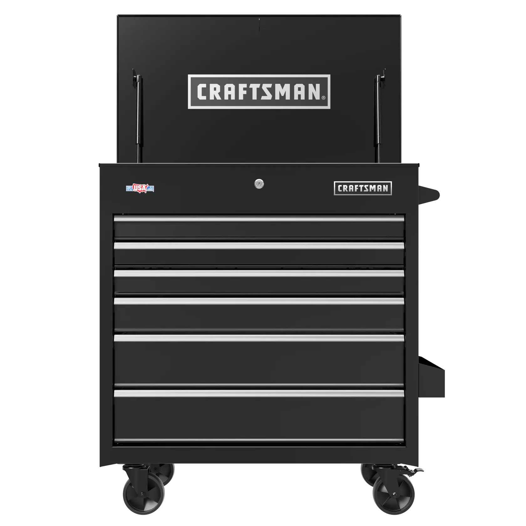 Craftsman black rolling tool chest with drawers, front angle, SKU CMSTUC06BK.