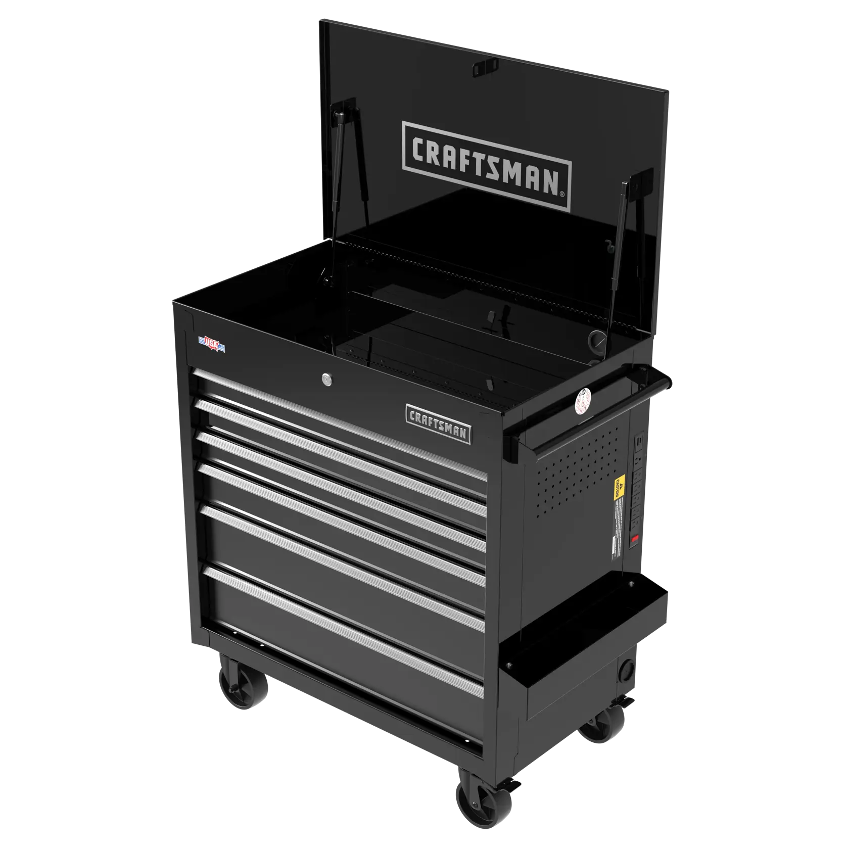 Photo of Craftsman black rolling tool chest, seven drawers, open top, CMSTUC06BK, angled view.