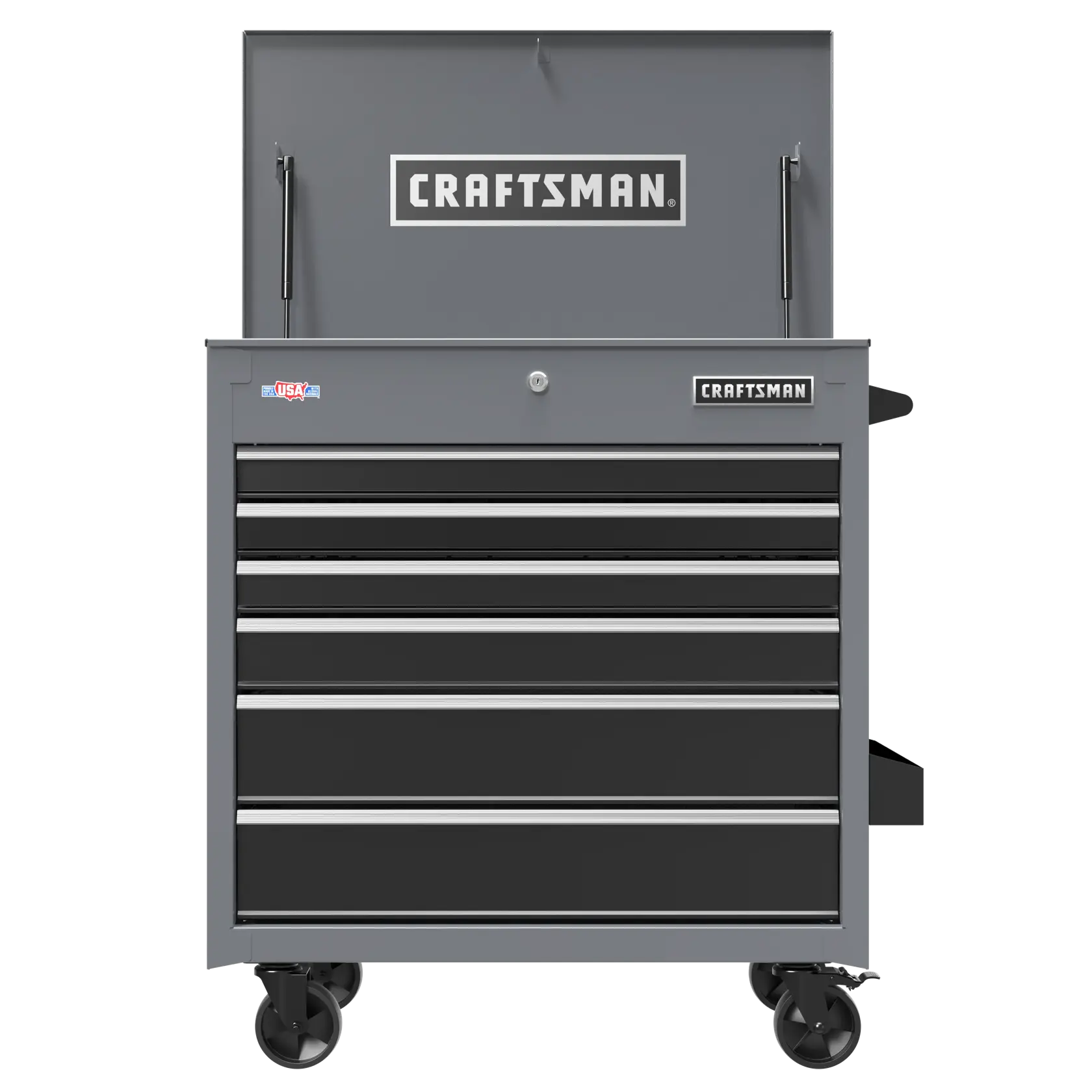 A gray Craftsman rolling tool chest with multiple drawers for storage. The chest has a top compartment opened upwards, caster wheels for mobility, and Craftsman branding on the front.