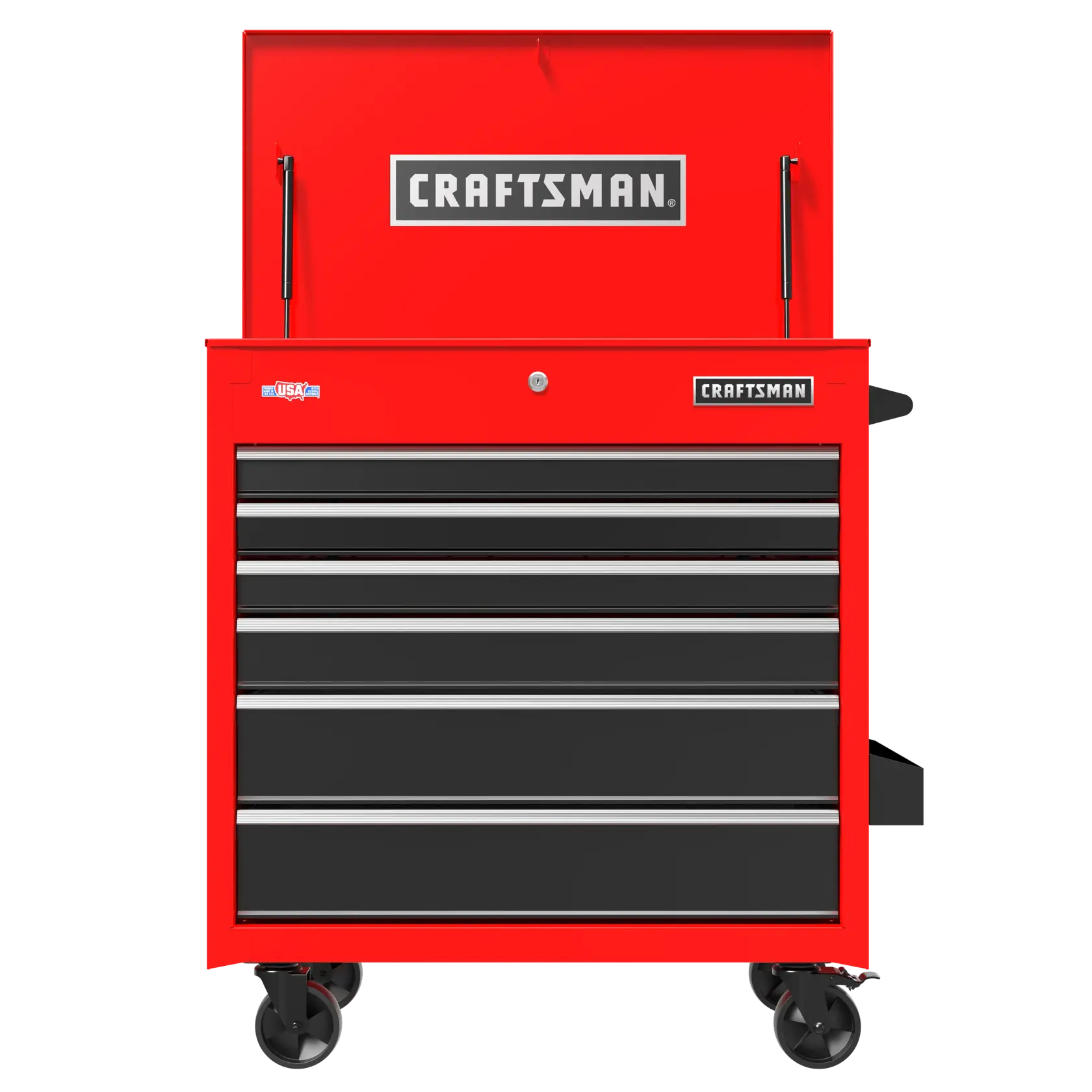 A red rolling tool chest with multiple black drawers and a top compartment, branded with the word 'CRAFTSMAN.' The tool chest has four wheels, making it portable.