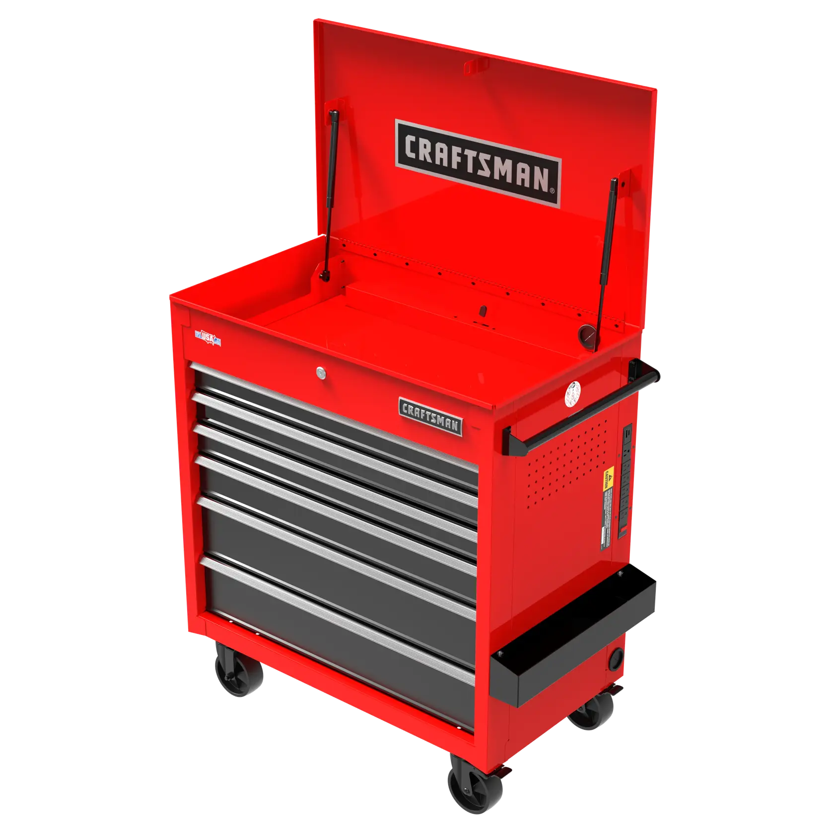 A red rolling tool chest with multiple drawers, a top compartment with the lid open, and black handles, branded with the word 'CRAFTSMAN' on the front and inside lid.
