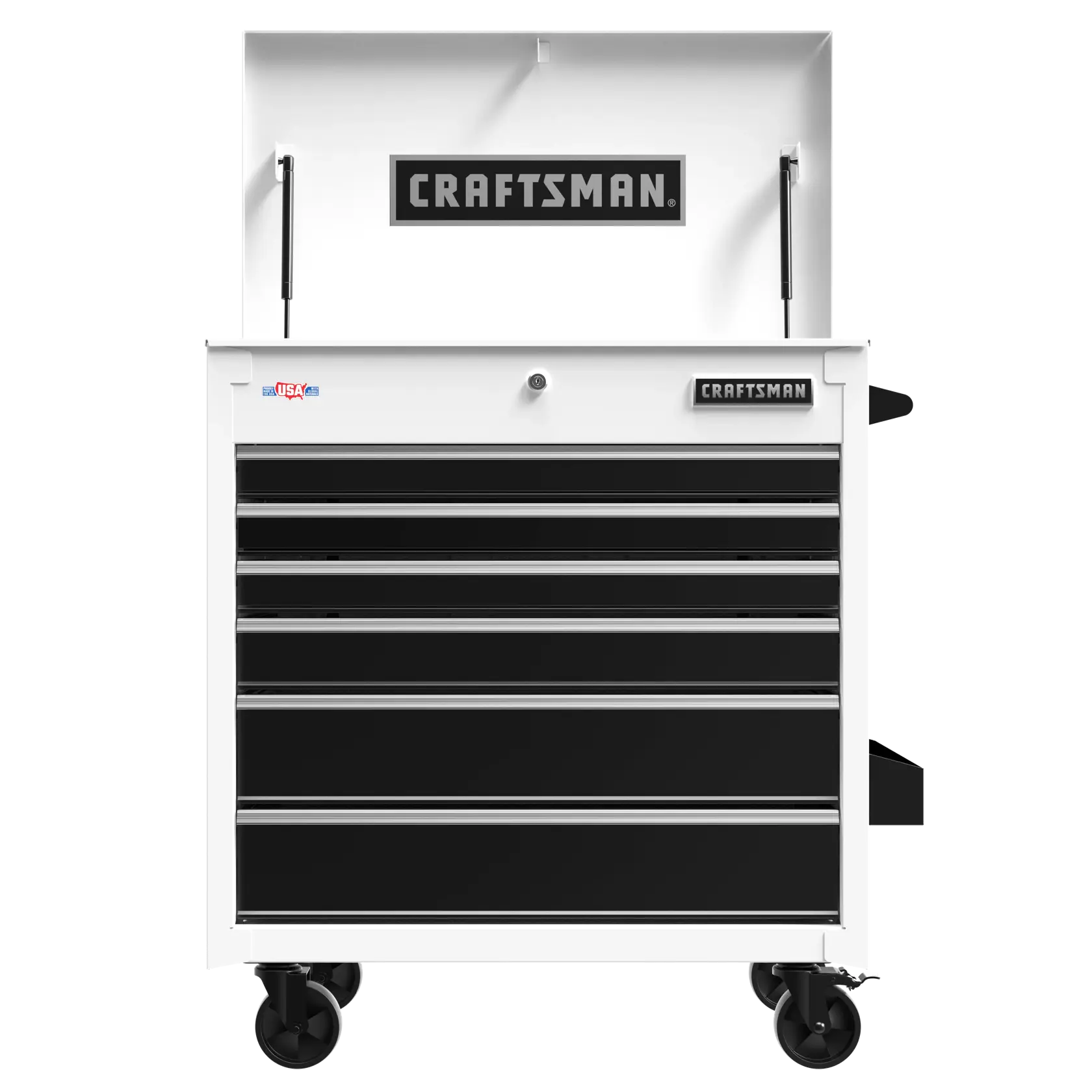 A white and black Craftsman tool chest with multiple drawers and caster wheels. The top compartment is open, displaying the Craftsman logo, and there is a small USA flag decal on the upper left.