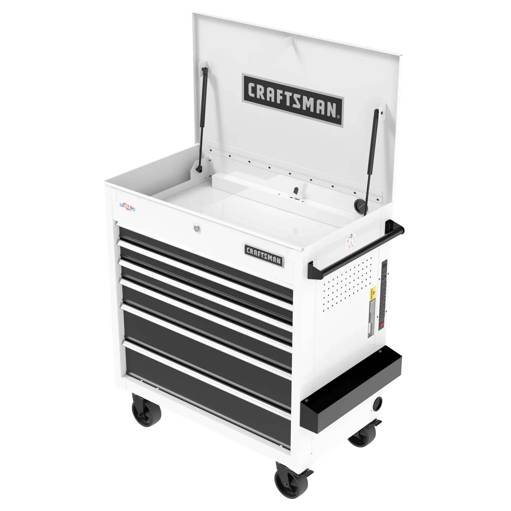 A white Craftsman rolling tool chest with multiple black drawers, an open top compartment, and caster wheels.