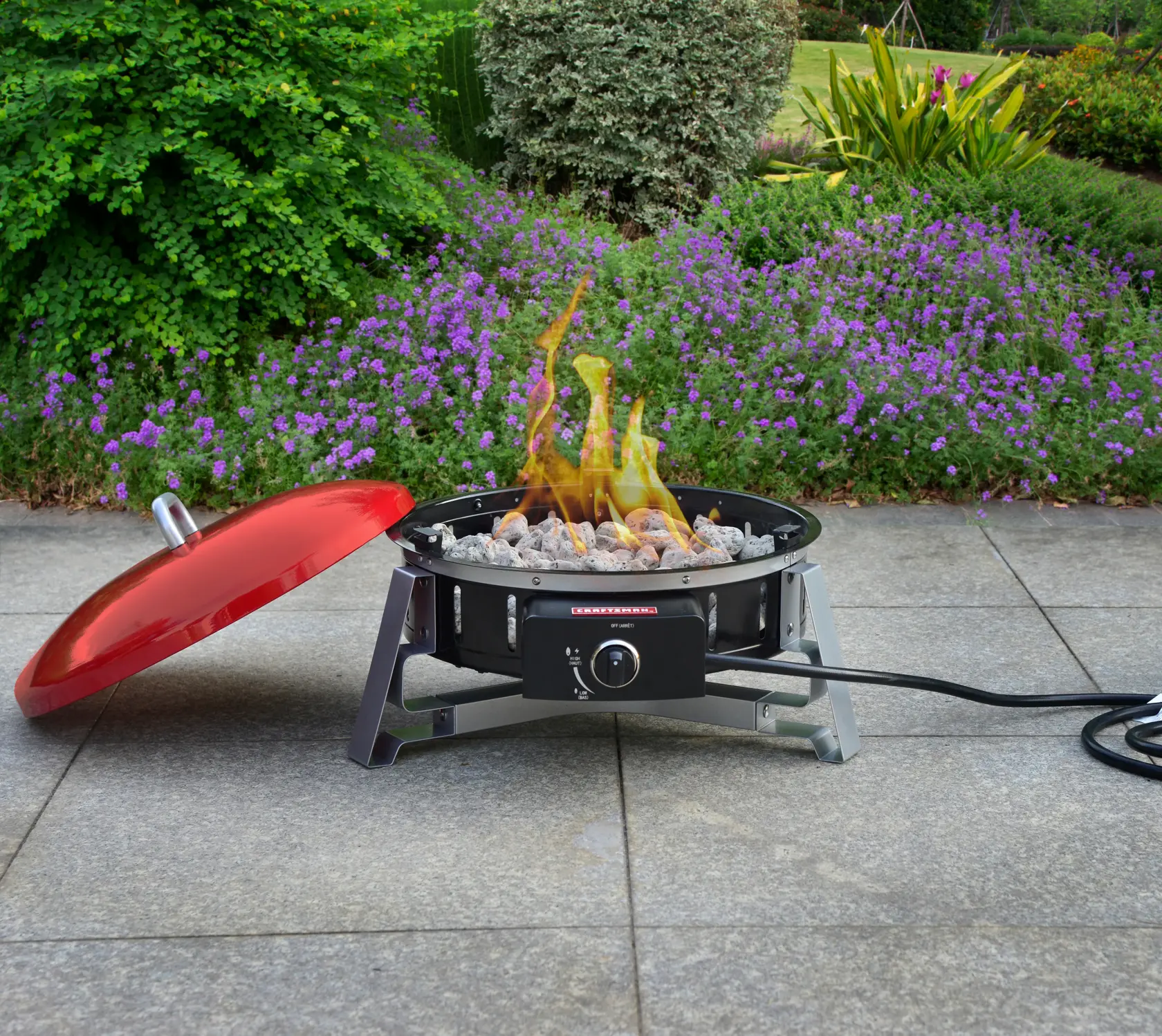 Red Portable Steel Round Propane Gas Firebowl Lid and Flame Lifestyle