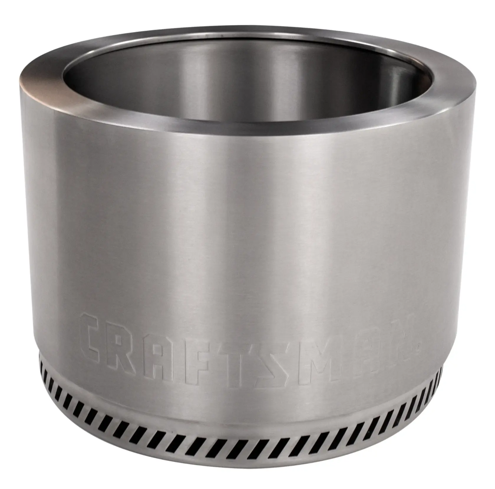 A stainless steel cylindrical fire pit with the brand name 'CRAFTSMAN' engraved on the side near the bottom. The fire pit has a wide open top and ventilation holes around its base.