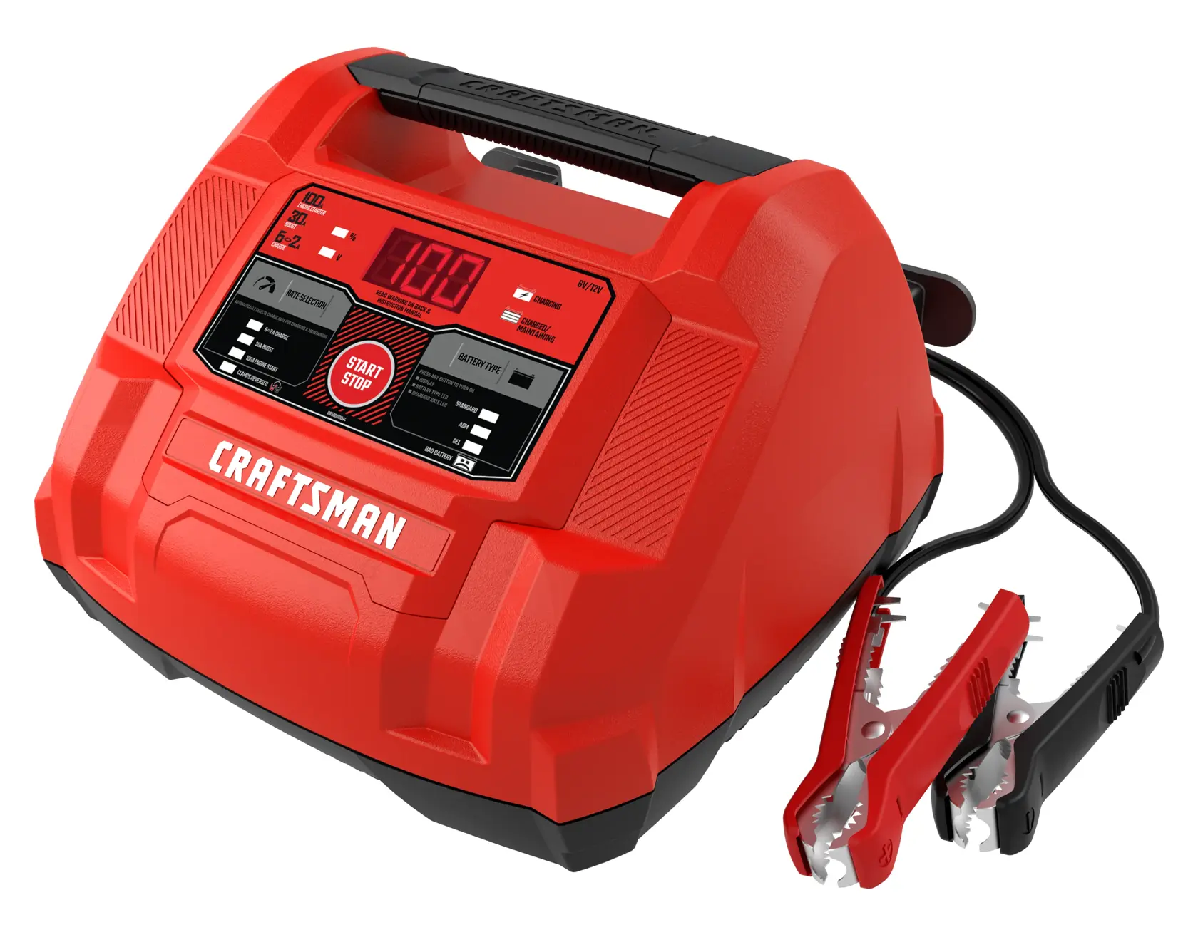 A red Craftsman-branded battery charger with a digital display and control buttons, featuring attached jumper cables with red and black clamps.