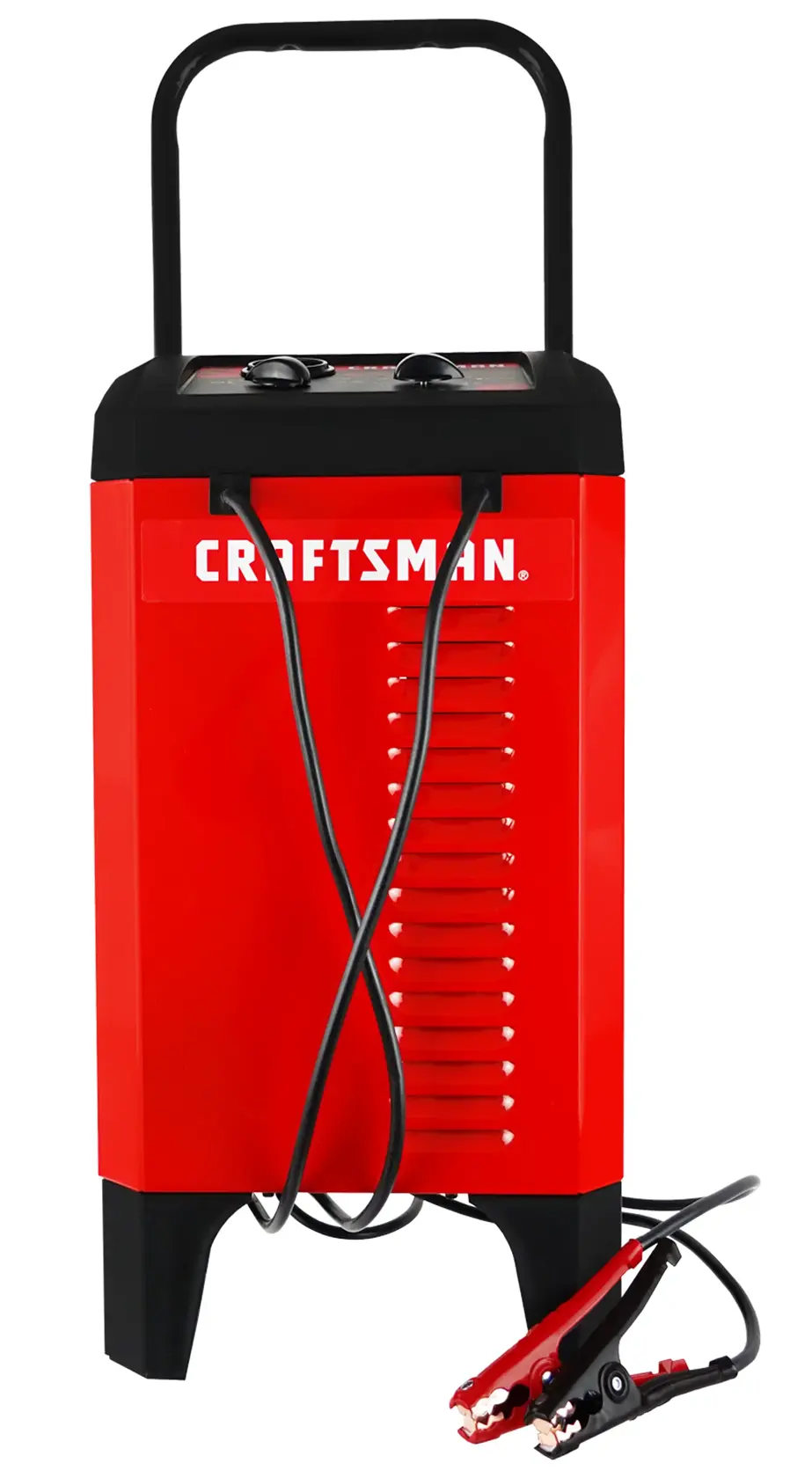 Front view photo of Craftsman CMXCESM274 red wheeled battery charger with clamps and handle.