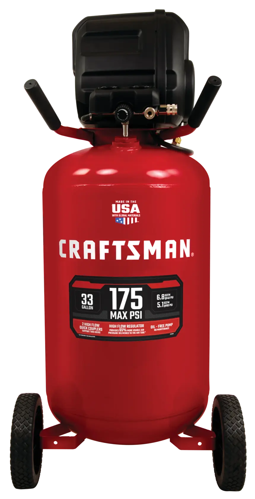 33 gallons 175 p s i oil free portable vertical air compressor.