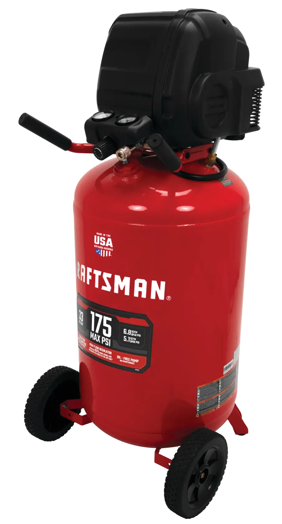 33 gallons 175 p s i oil free portable vertical air compressor.